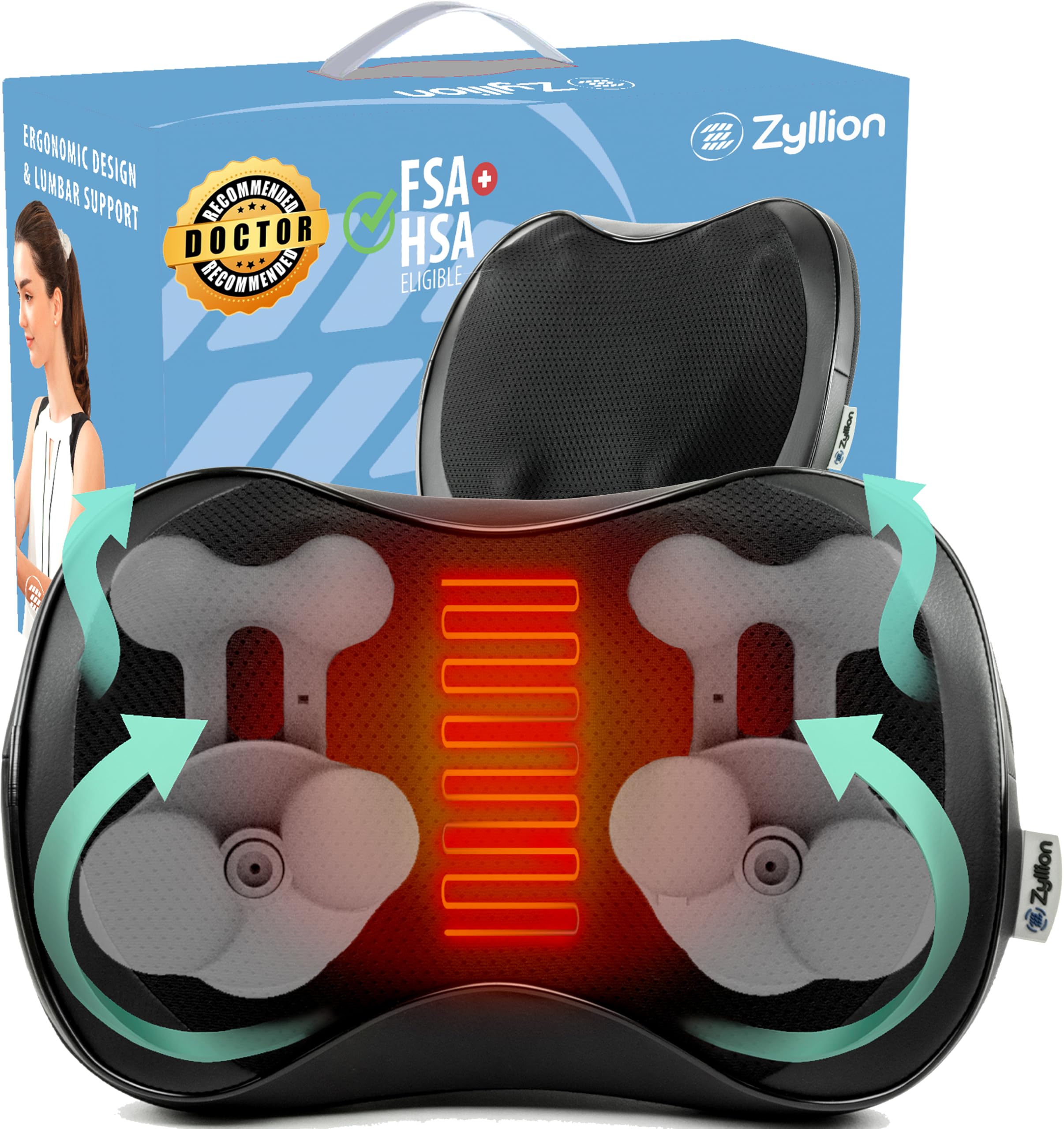 Zyllion Shiatsu Back and Neck Massager - 3D Kneading Deep Tissue Massage Pillow with Heat and 8 Rotating Nodes for Muscle Pain Relief, Chairs and Cars - Black (ZMA-25-BKBK)
