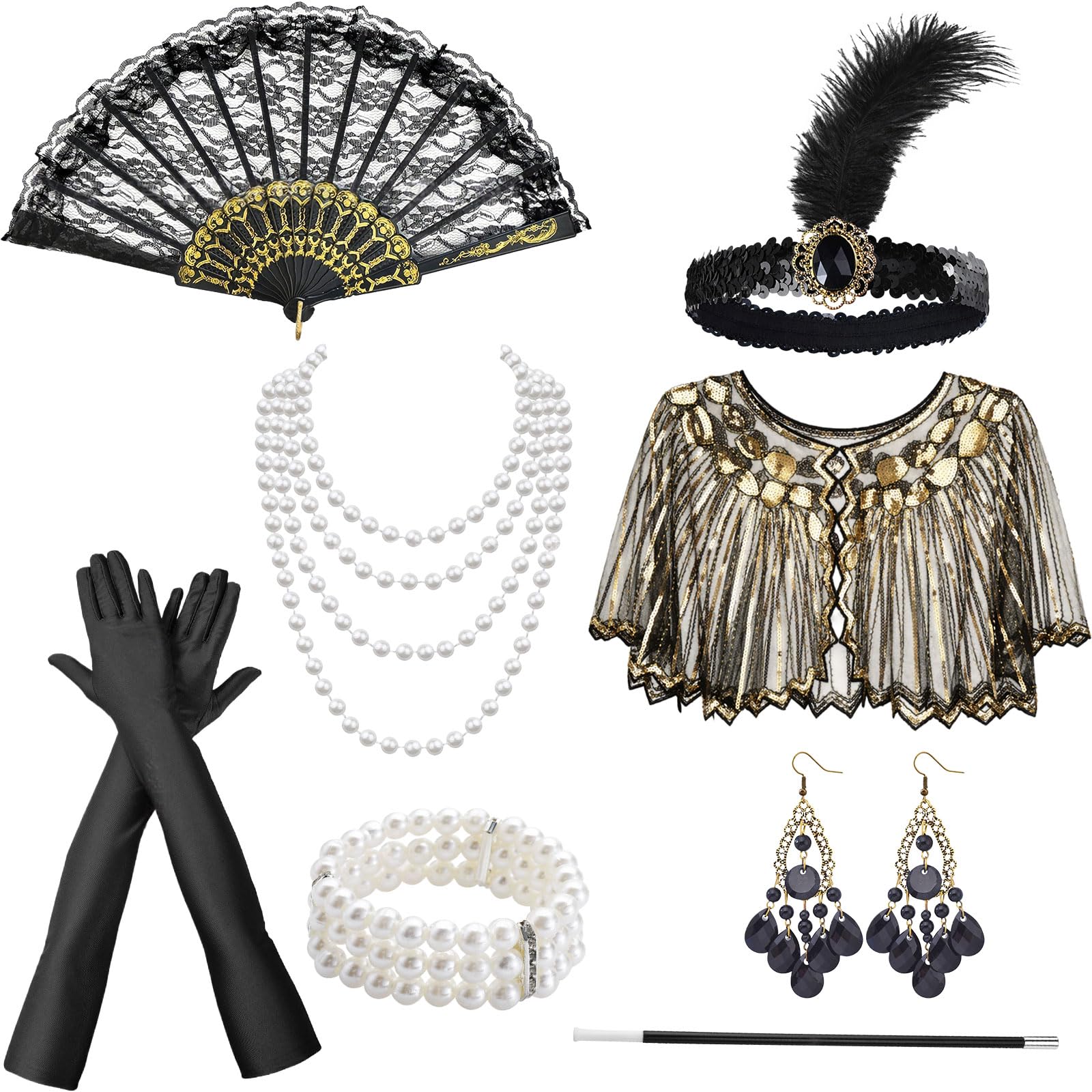 AWAVM 1920s Flapper Accessories Set for Women,9 Pcs Great Gatsby Accessories Women with Shawl Sequin Headband Gloves Necklace Earrings Lace Fan Bracelet Socks for Women Ladies Party
