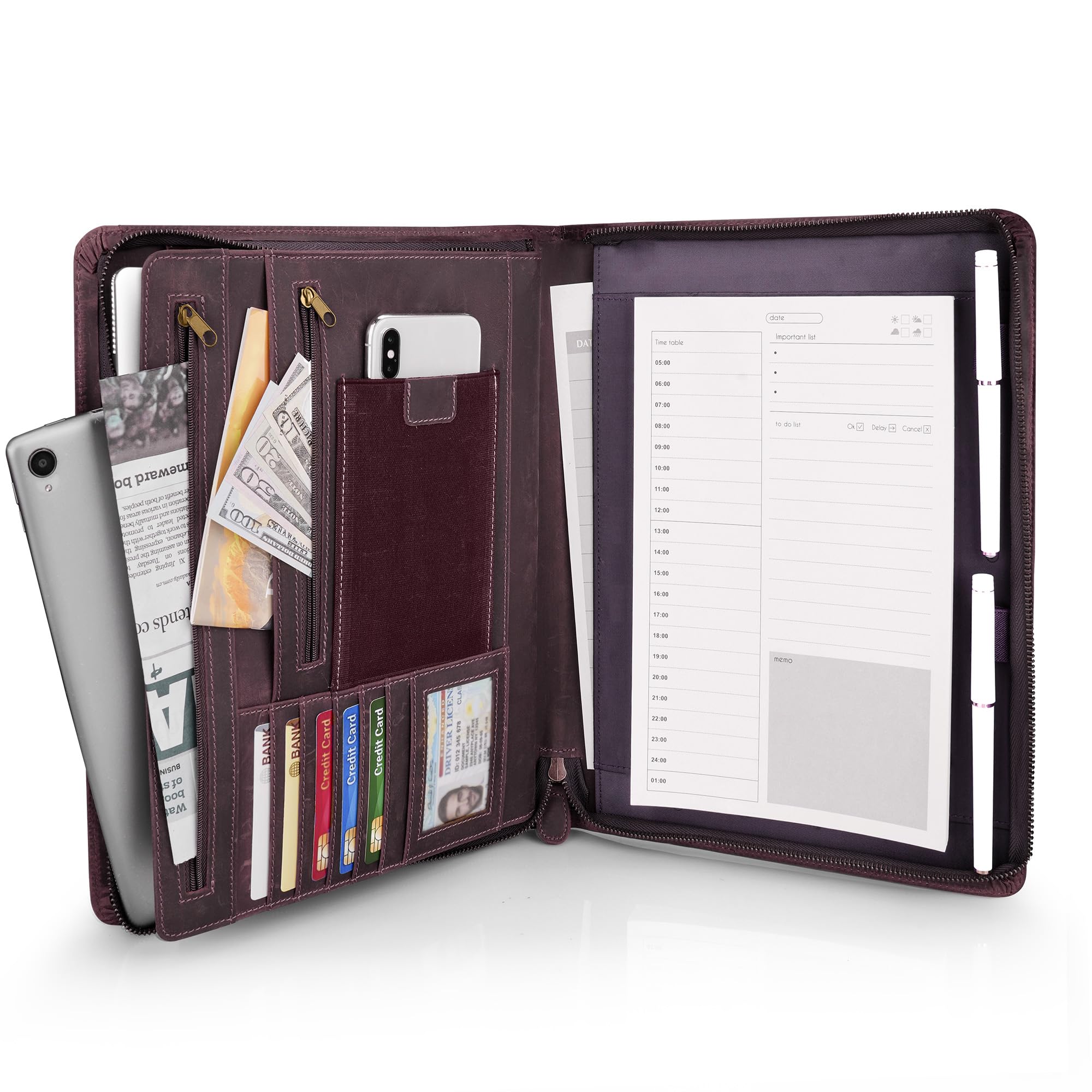 Leather Portfolio Organizer with Zipper for Men Women, Leather Padfolio Business Resume Legal Pad Portfolio Notebook Binder for A4/Pad, Purple