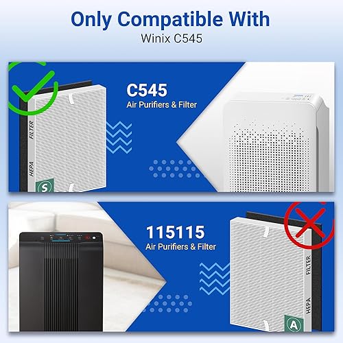 Miniatura 2 de Filtro de repuesto S C545 para purificador de aire Winix C545, paquete de 2 filtros H13 True HEPA y 8 filtros de carbón activado, repuesto #