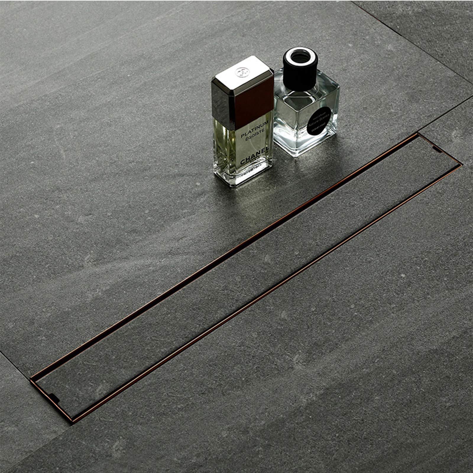 Scarico doccia lineare oro rosa, scarico bagno in acciaio inox 600 mm, scarico a pavimento rettangolare con inserto lineare antiodore