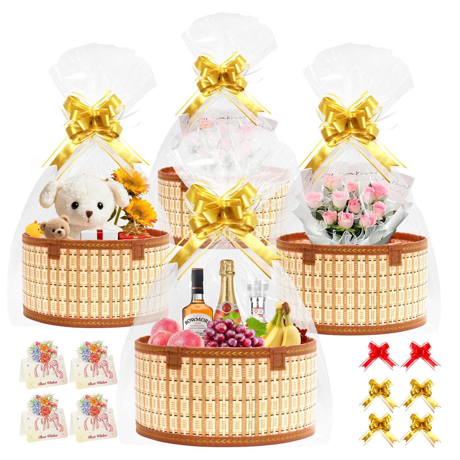 Mapaim 4 Set Large Empty Gift Baskets, 11” Woven Bamboo Basket with Handle, DIY Gift Basket Kit with Wrap Bags & Gold/Red Bows (Round)-image-48