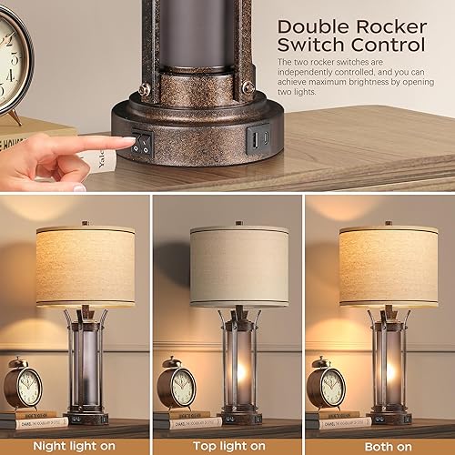 Miniatura 2 de QiMH Lámparas de mesa de granja para sala de estar, lámparas rústicas al lado para dormitorio con puertos de carga USB A+C, lámpara de mesita de