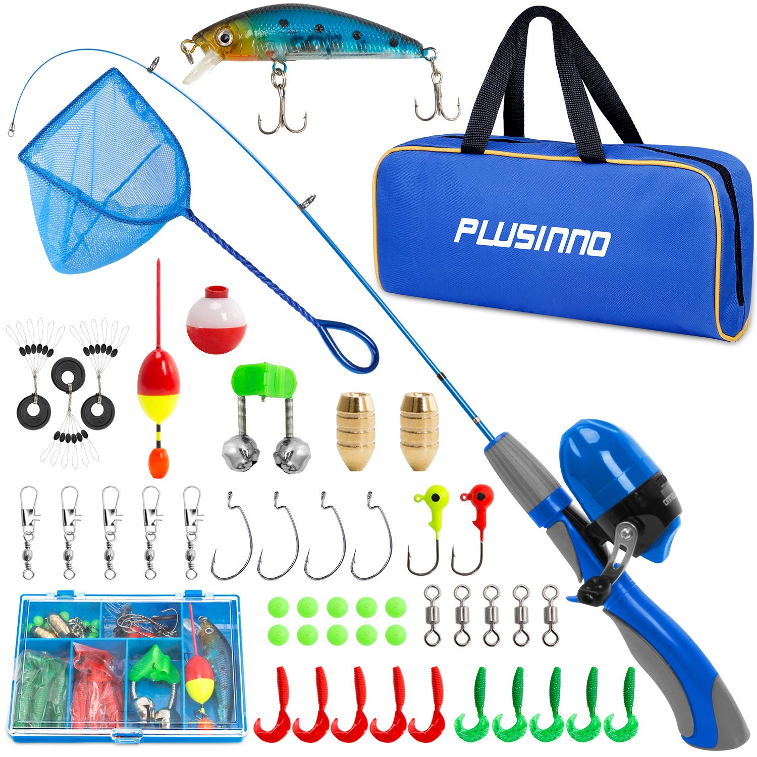 PLUSINNO Kids Fishing Pole,Ice Telescopic Fishing Rod and Reel Full Kits, Spincast Youth Fishing Pole Fishing Gear for Kids, Boys