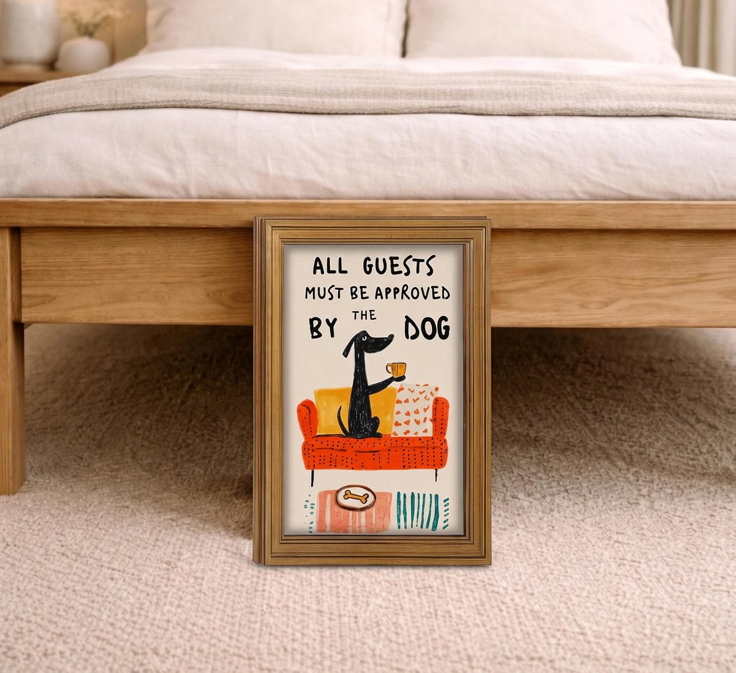 Gold Framed kitchen Canvas Wall Art Funny Black Dog With Coffee Painting Picture Wall Decor Guests Must Be Approved By The Dog Quote Animal Poster Print Artwork for Bedroom Living Room