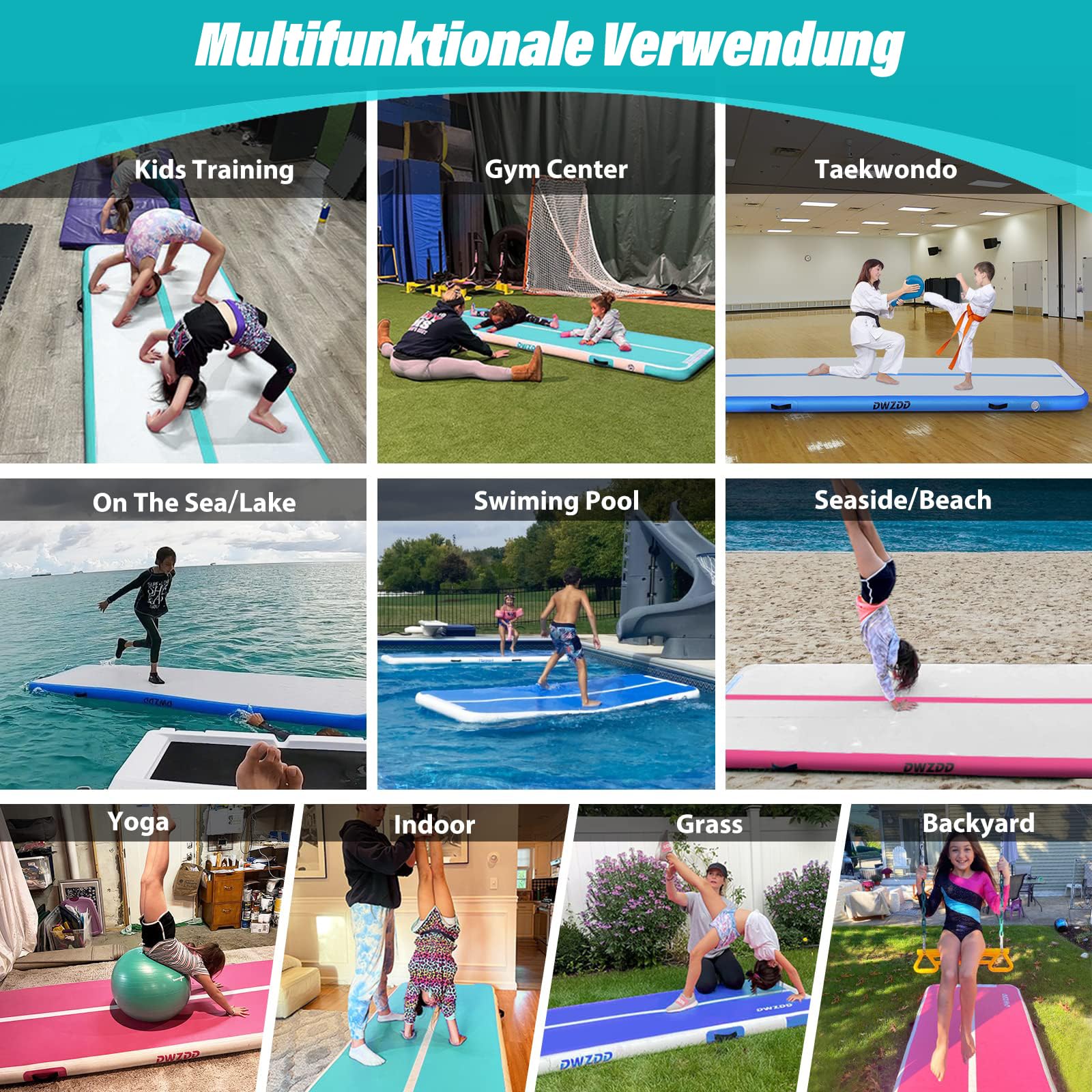 Dwzdd Gymnastics Air Matte Track, Tapis de gymnastique 3 m/4 m/5 m/6 m pour enfants, Piste de tumbling gonflable pour la maison/salle de sport/entraînement/cheerleading/eau
