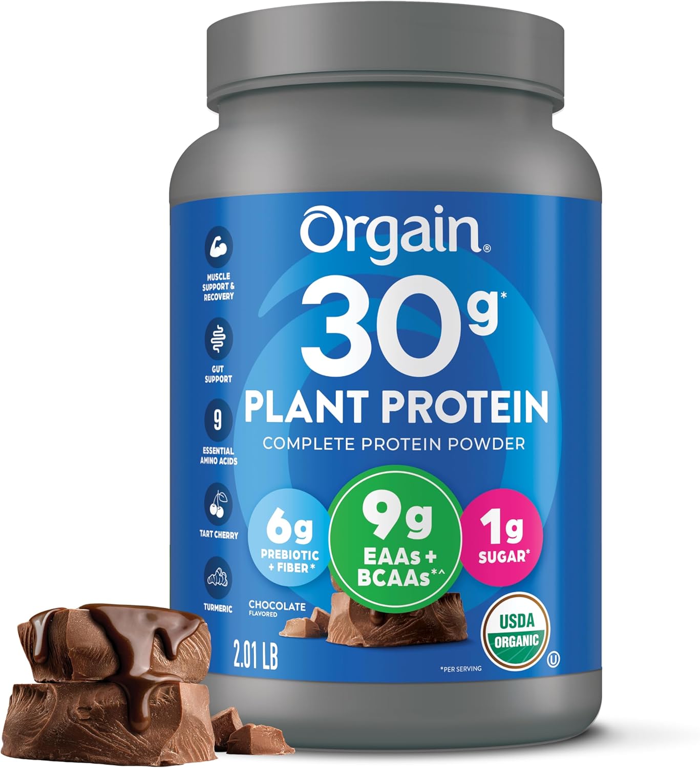 Orgain Natural 30g Vegan Protein Powder, Chocolate 9g EAAs + BCAAs, Plant Protein, 6g Prebiotic + Fiber, 1g Sugar, Pre-Exercise, Muscle Assist + Restoration – 2.01lb (Packaging Might Differ)