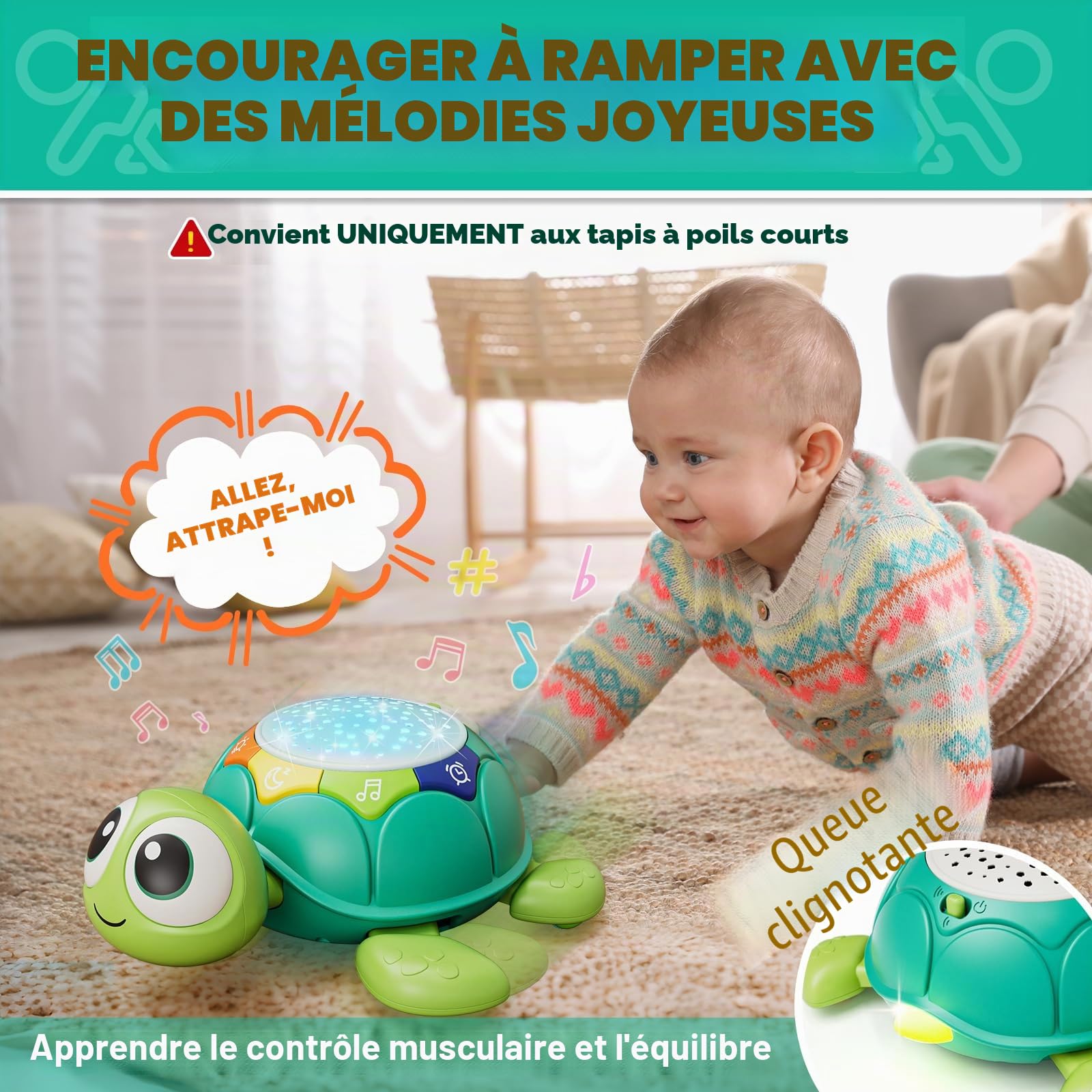 Lehoo Castle Jouets Bébés 1 an, Tortue Musicaux Jouet à Ramper avec Musique et Lumières, Cadeau pour Nouveau-né 3-6-9-12 Mois, Idée de Cadeau d'anniversaire pour Bébé
