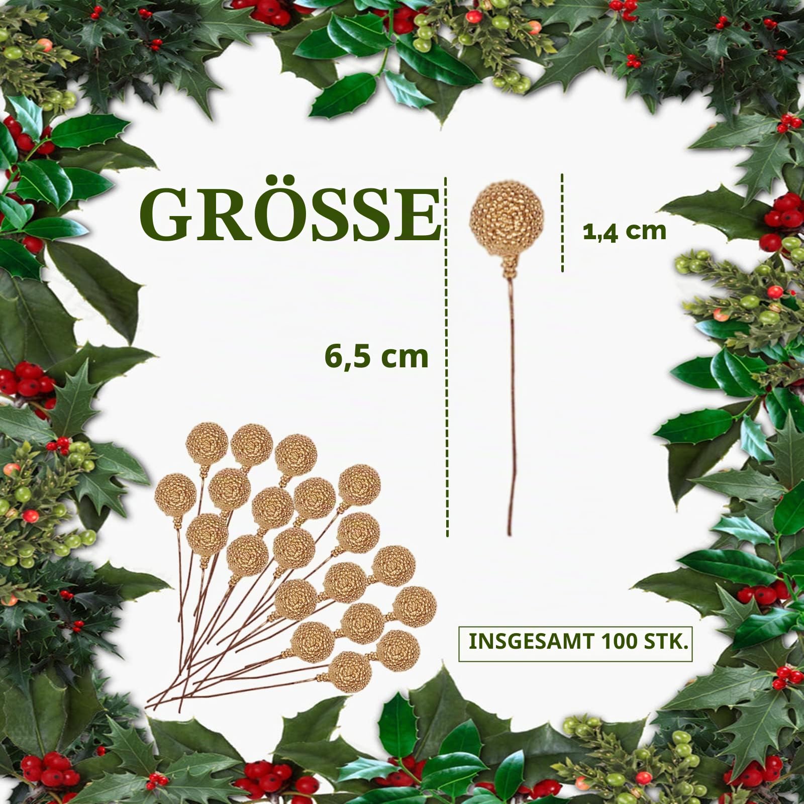 100Stück Weihnachten Künstliche Berries,Gold Gefrostet Holly Beeren Mini Weihnachtsbeere Künstliche Stechpalme für Weihnachten Kranz Dekorationen Kranz Machen Zubehör, Christbaumschmuck Decoration