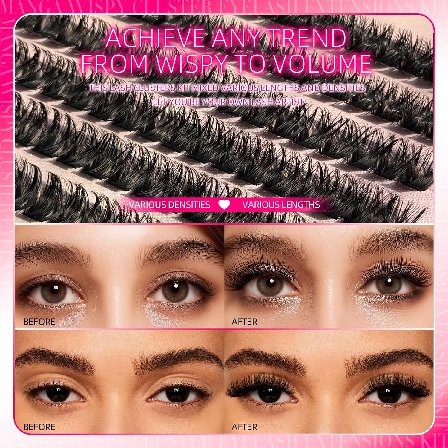 518pcs Fluffy Lash Clusters Kit Manga Eyelash Clusters 10-18mm 80D 100D DIY Lashes Cluster Eyelash Extensions Kit Individual D Curl False Eyelashes with Bond Seal Tweezers Brush
