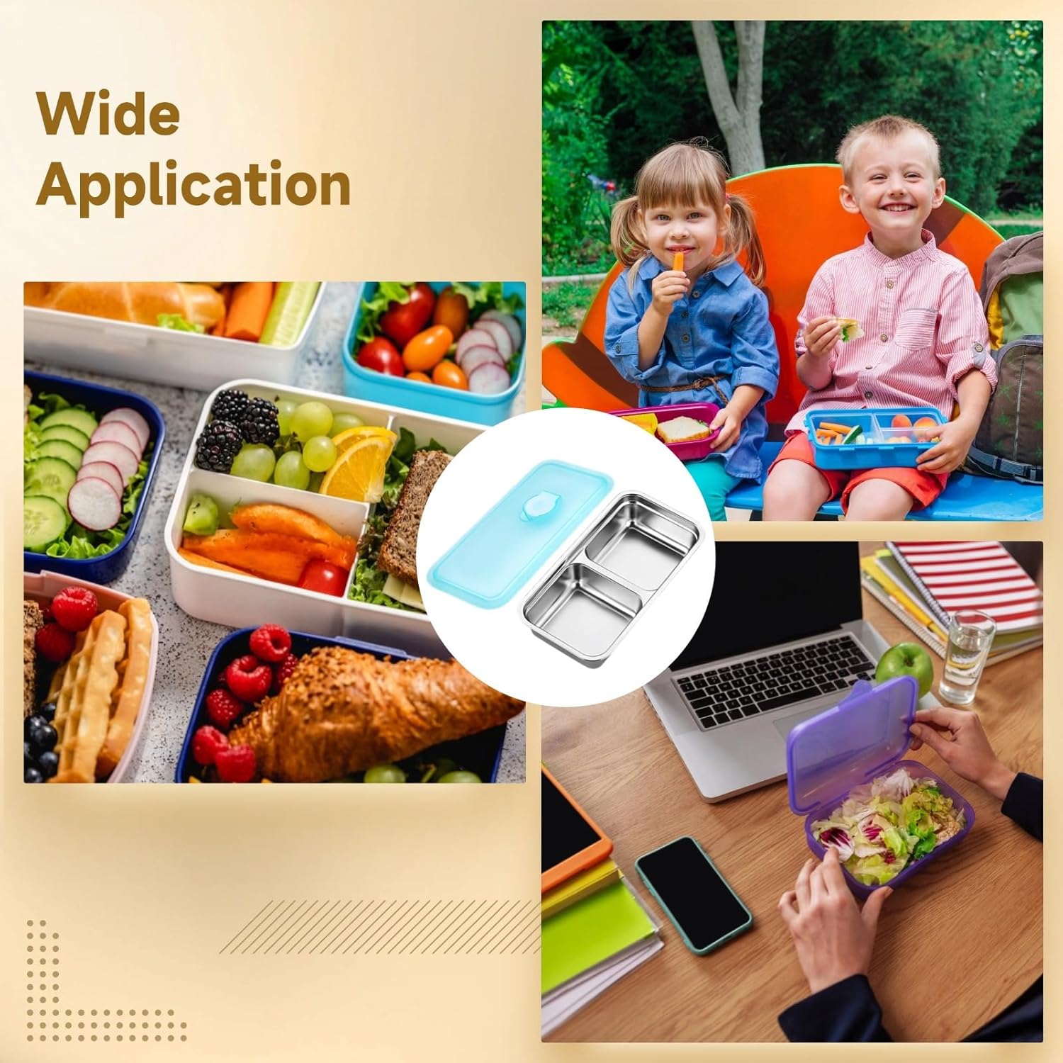 Food Grade Bento Box With Lid Double Compartment Steel 4 Pcs Containers Includes Stainless Snack Office 2 Pcs Single + 2 Pcs Double Travel Lunch Ideal Set For