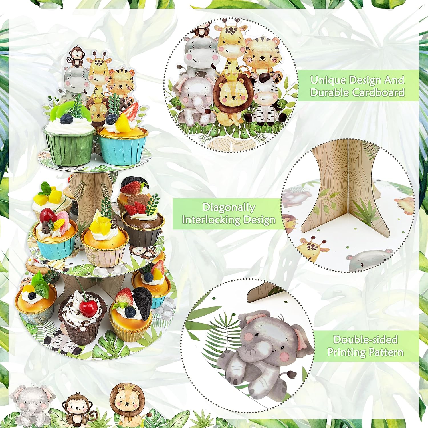 3-Tier Cupcake Stand with 24 Wild One Cupcake Toppers for Safari Baby Shower Decoration