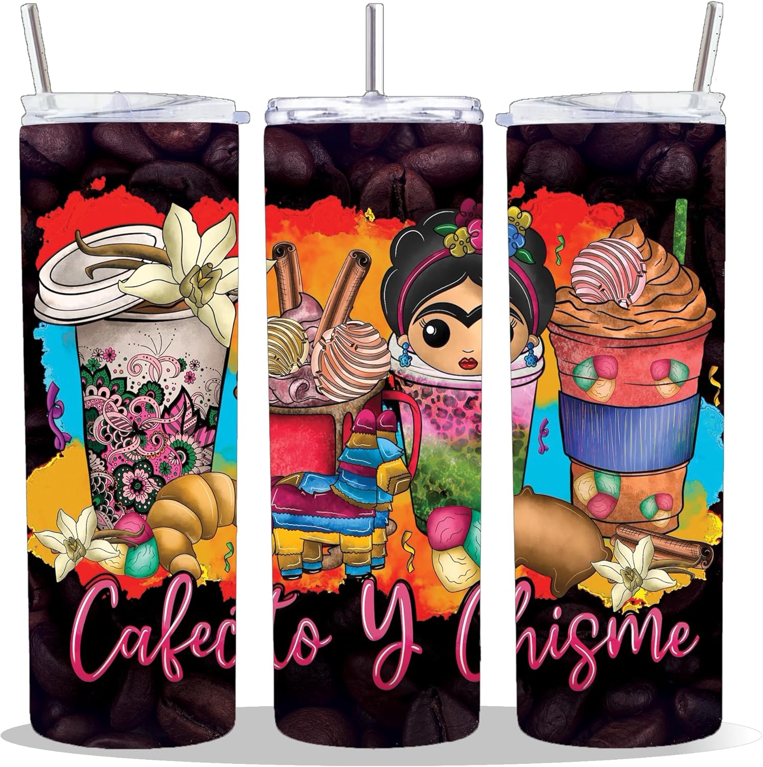 20 oz Insulated Double Wall Stainless Steel Tumbler with Spill Proof Lid and Reusable Straw, Water Bottle Coffee, Mexican Latino Latina Cafecito Y Chisme Cup Mug Tumbler (Cafecito06)