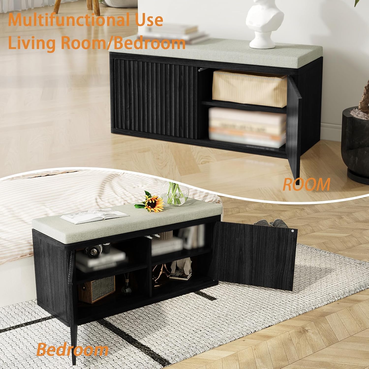 Entryway Shoe Storage Bench with 2" Cushion, 37.4" Small Bench with Shoe Rack, Cabinet Organizer for Hallway, Bedroom End of Bed (Black)