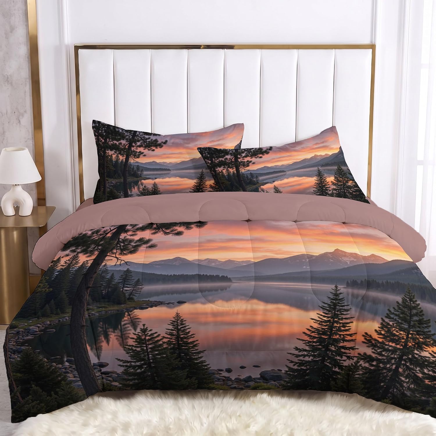Natural Scenery Comforter Set Twin Size, Forest Waterfall Bedding Set for Girls Boys, Turquoise Quilt Bed 68"X90" Bedding Comforter Sets with 2 Pillowcase Room Decor