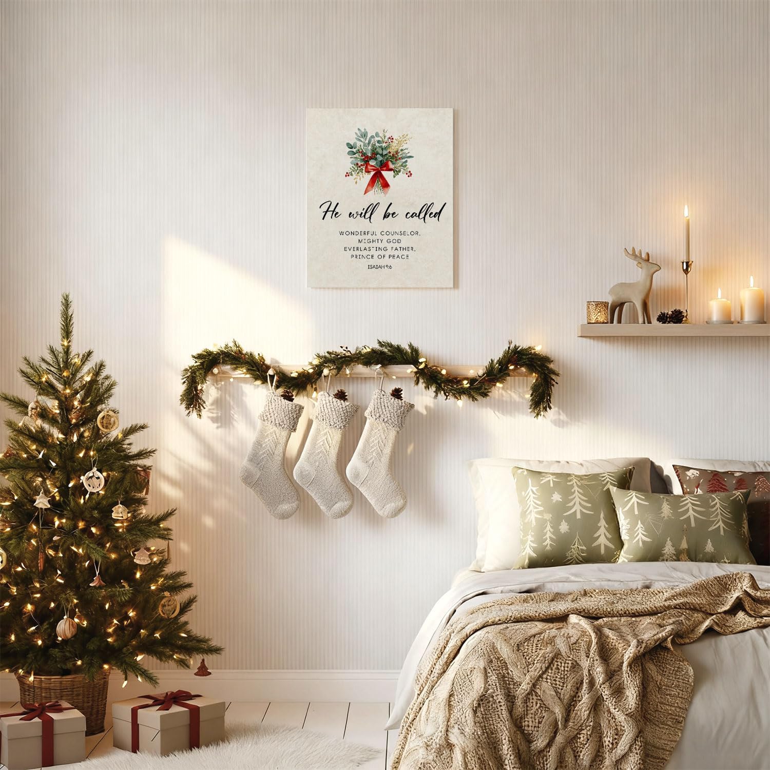 ChissNook Christmas Christian Canvas Art Wall Decoration, Bible Verse Isaiah 9:6 Framed Religious Scripture Decorative Art Wall Canvas, Christmas Floral Decor, 12x16 Inches