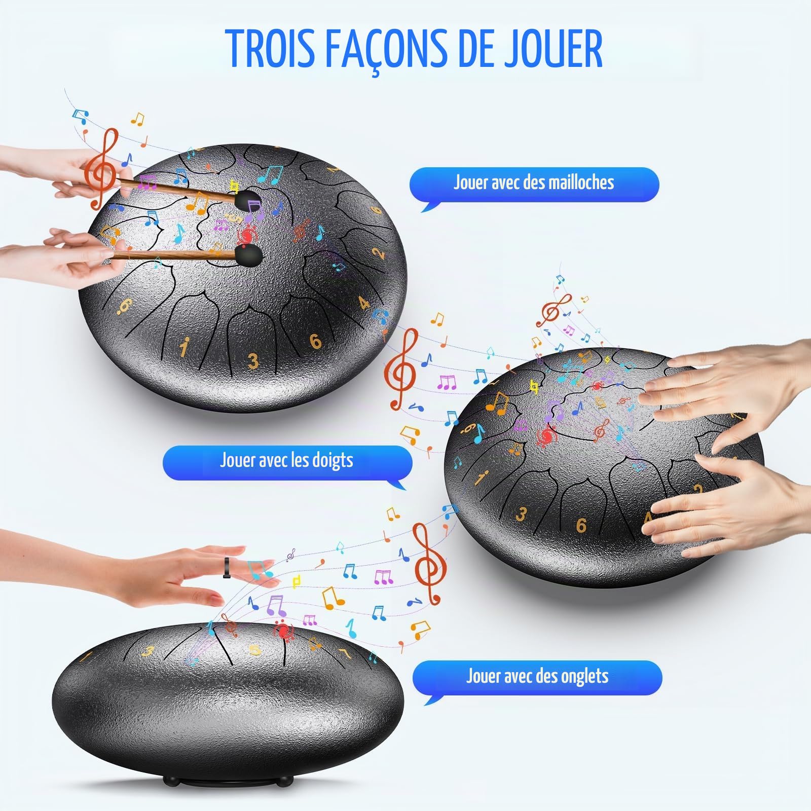 Tambour de pluie pour extérieur, 30,4 cm, 13 totes en acier, Handpan, Steel tongue drum en acier professionnel, adapté à la méditation et au yoga (Argent, 12 Inch)