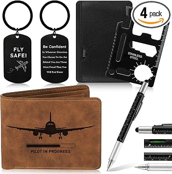4 Pcs Pilot Gifts Set for Men with Retro Brown Wallet 6 in 1 Multi Tool Pen Retro Keychain 11-in-1 Credit Card Multitool Pilot Gift Box for Men Birthday Party Favors