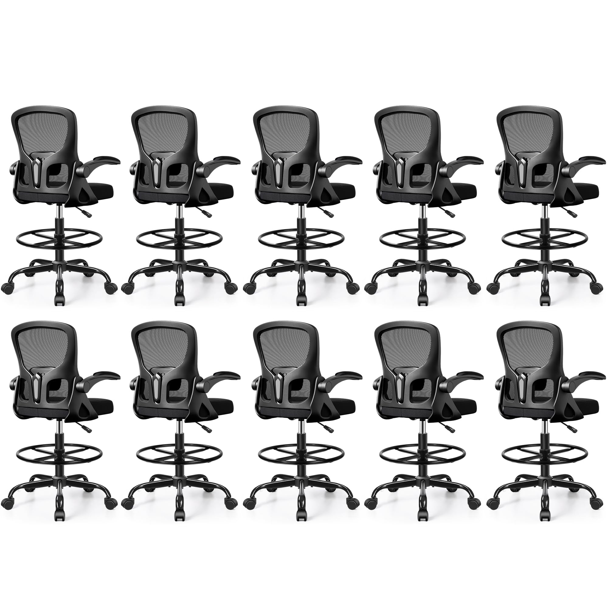 10-Pack Drafting Chair Tall Office Chair for Standing Desk - Ergonomic Computer Work Stool with Flip-up Arms, Foot Ring &amp; Adjustable Lumbar Support. Ideal for Studio, Artist,Study (Black)