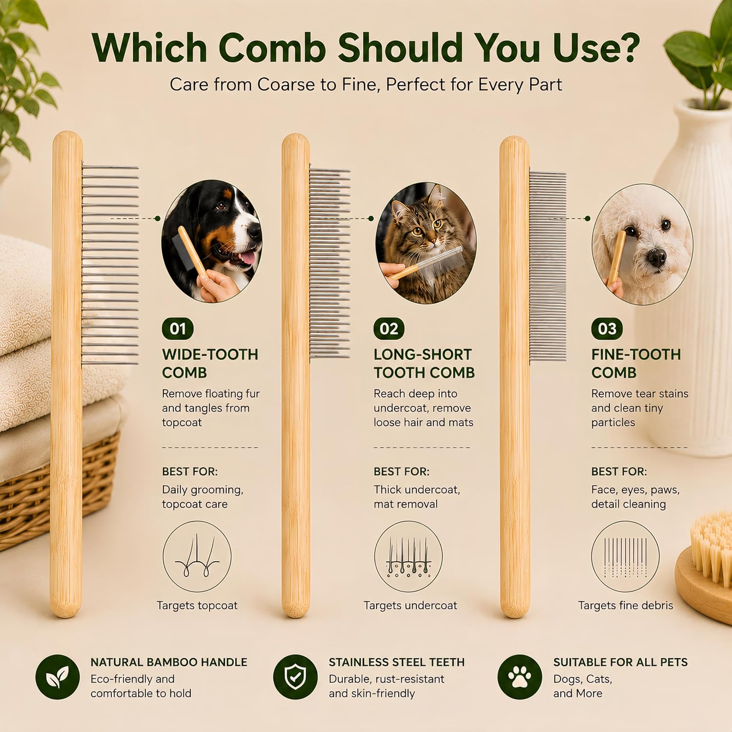 Cat Brush for Long Haired Cats - Long Hair Cat Brush & Comb Tool | Dematting Comb for Cats & Undercoat Brush for Cats - Cat Deshedding Brush Tool, Effective Pet Hair Remover & Cat Grooming Kit