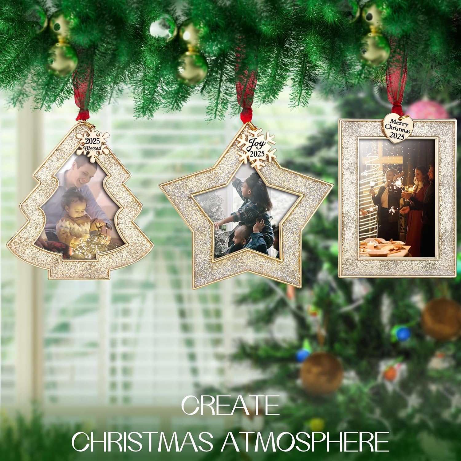 Laraine Christmas Tree Ornaments 3 Pieces – Decorative Hanging 2025 Star Pendant with Small Picture Frame Insert for Baby and Pet Holiday Keepsake Gift (Gold (2025))