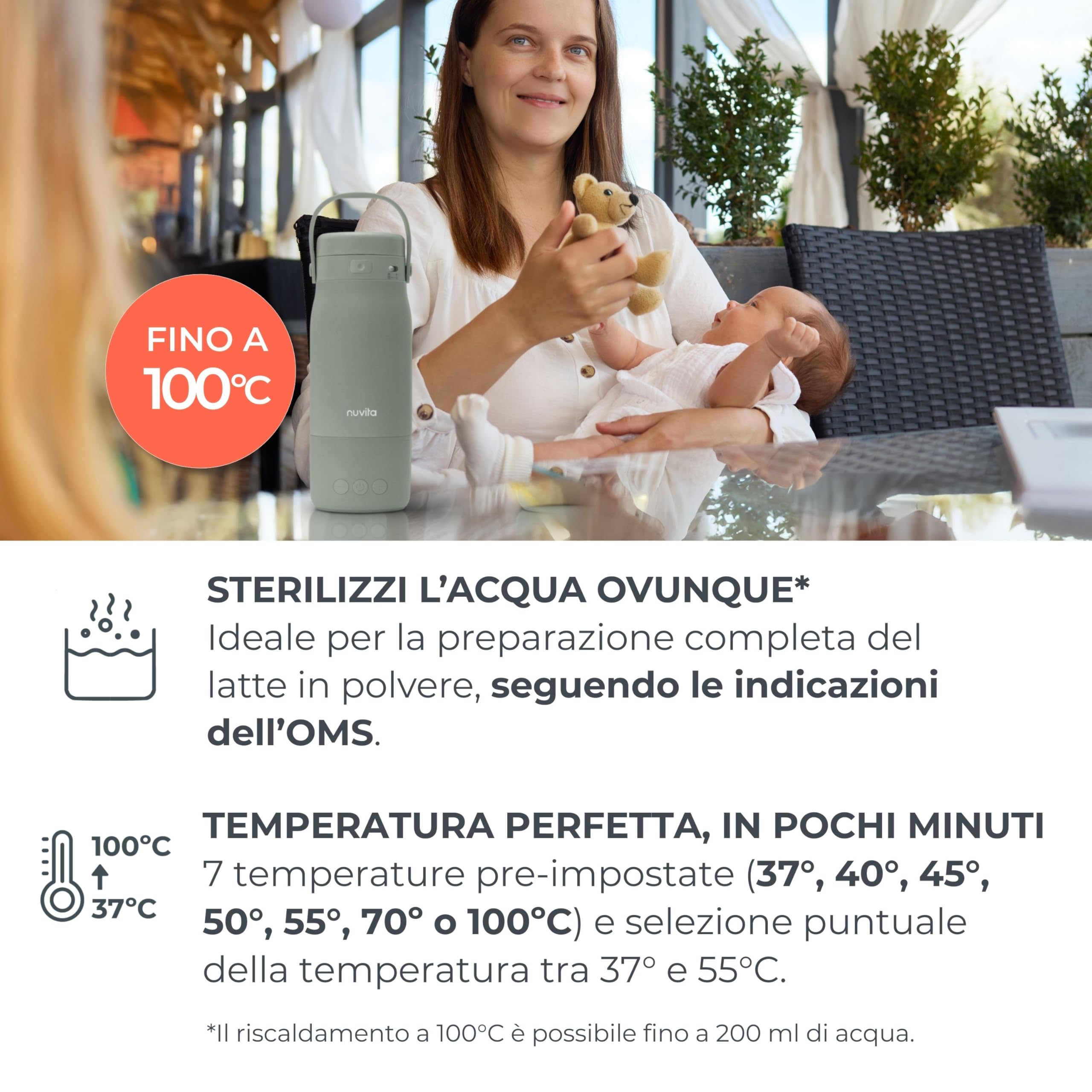 Nuvita 1190 Bollitore Scalda Latte Portatile 500ml – Scaldabiberon Wireless con Batteria Ricaricabile, 3 Temperature Selezionabili 37°/55°/100°, Mantiene Caldo fino a 12h, Ideale per Latte, Tisane