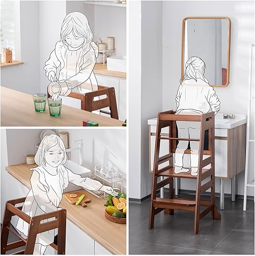 Miniatura 4 de UNICOO Taburete de cocina de bambú de altura ajustable para niños, torre de aprendizaje y taburete auxiliar para baño, encimera de cocina, diseñado