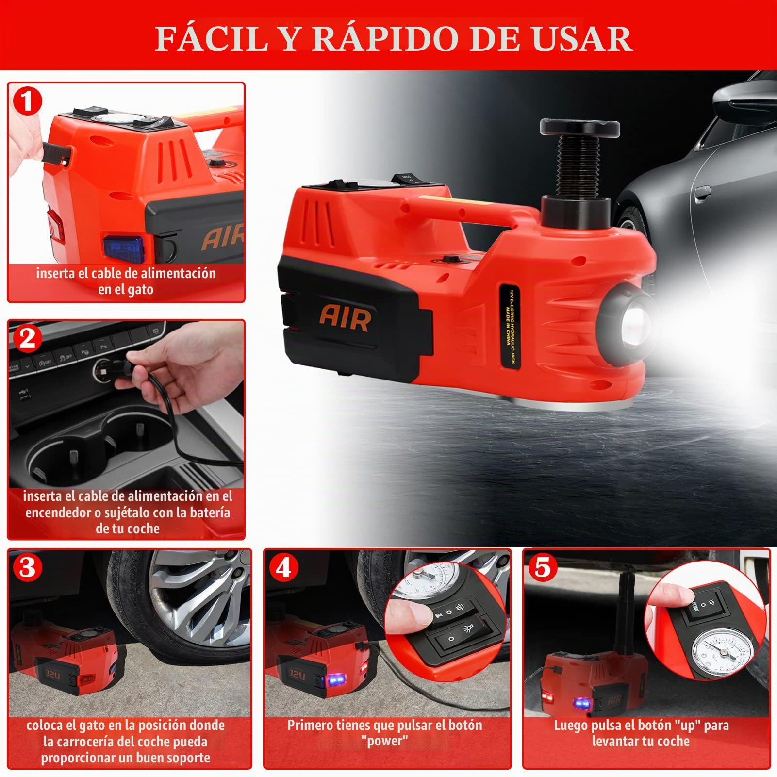 Mejorado Juego de Gato Hidráulico Eléctrico, 5T 12 V Gato Elevador Eléctrico, Juego de Gato Hidráulico, Cambio de Neumáticos, Llave de Impacto para SUV, Furgoneta, Garaje, Llave de Impacto