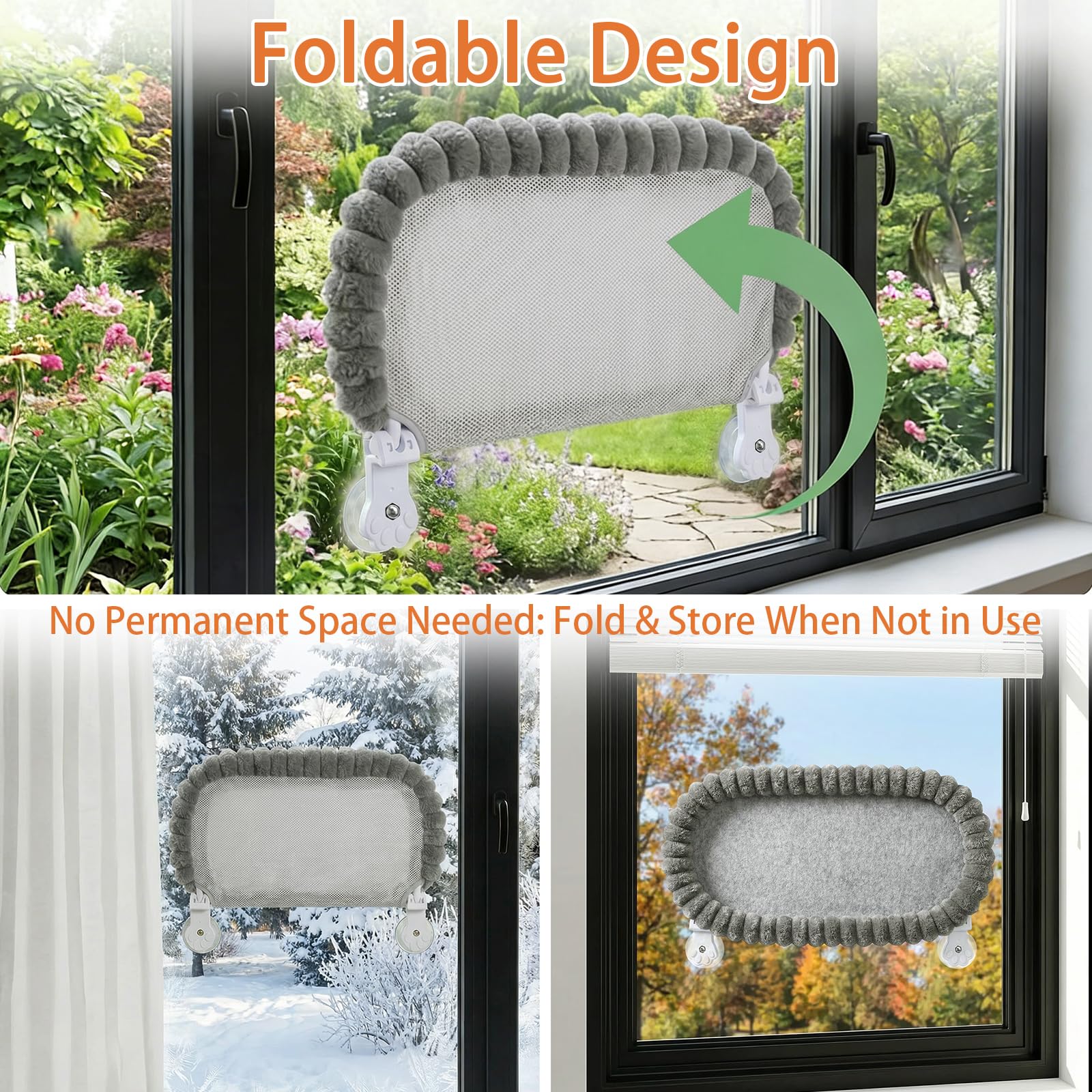 Homegroove Katzen-Fensterliege, 60 x 30 cm Faltbare Katzenhängematte für das Fenster mit 4-seitiger Polsterung & 4 großen Saugnäpfen, kabelloses Fensterbett für Wohnungskat (Grau, Large(60x30cm))