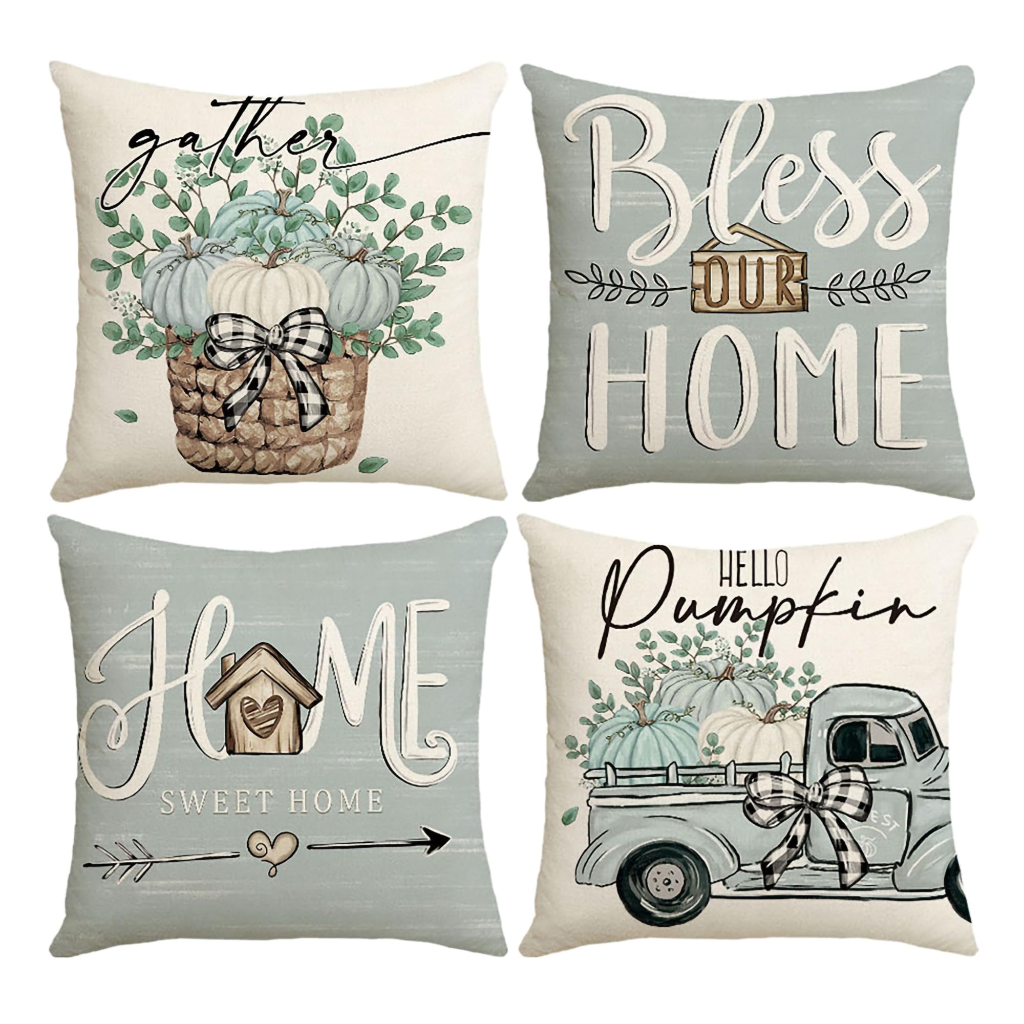 LITIVY4PCS Farmhouse Throw Pillow Covers Hello Pumpkin Fall Decorative Throw Pillow Cases Bless Our Home Autumn Home Decor 18 * 18