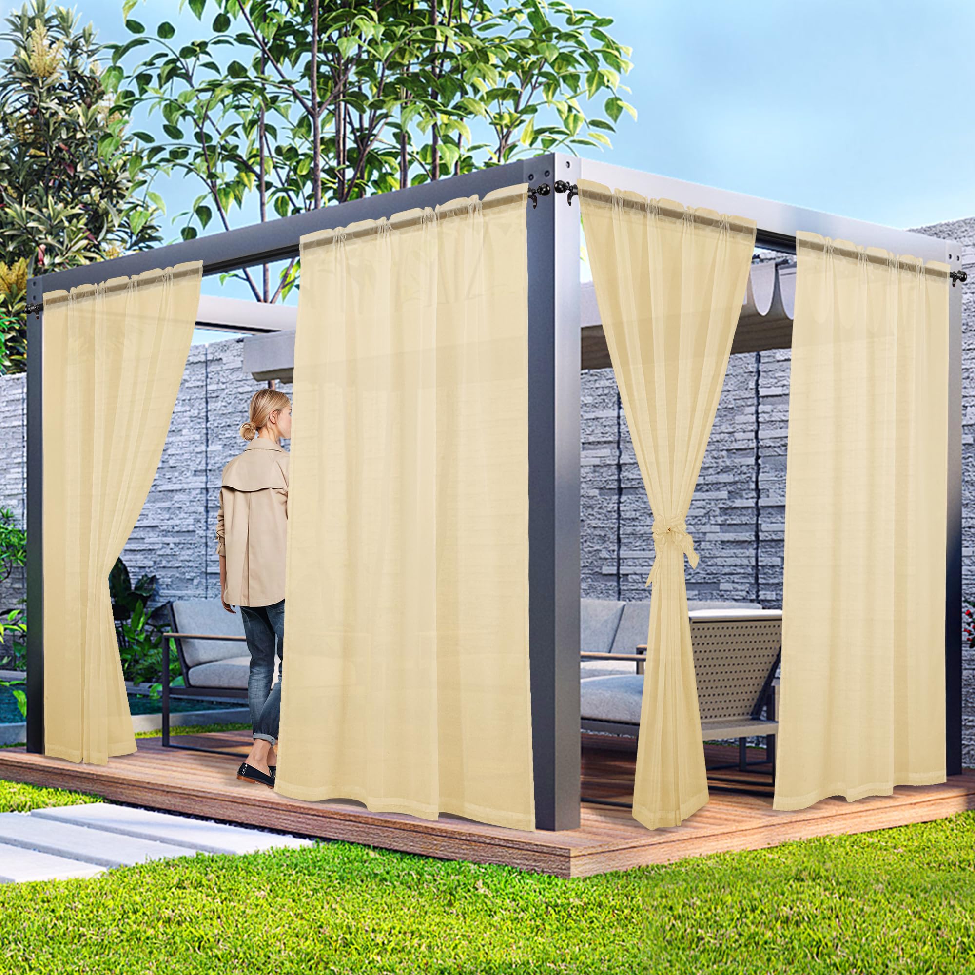 Laseniewa 2 Panels Outdoor Sheer Curtains for Patio, Non-See-Through Beige Privacy Curtains for Patio Waterproof, Indoor Outdoor Drapes for Gazebo