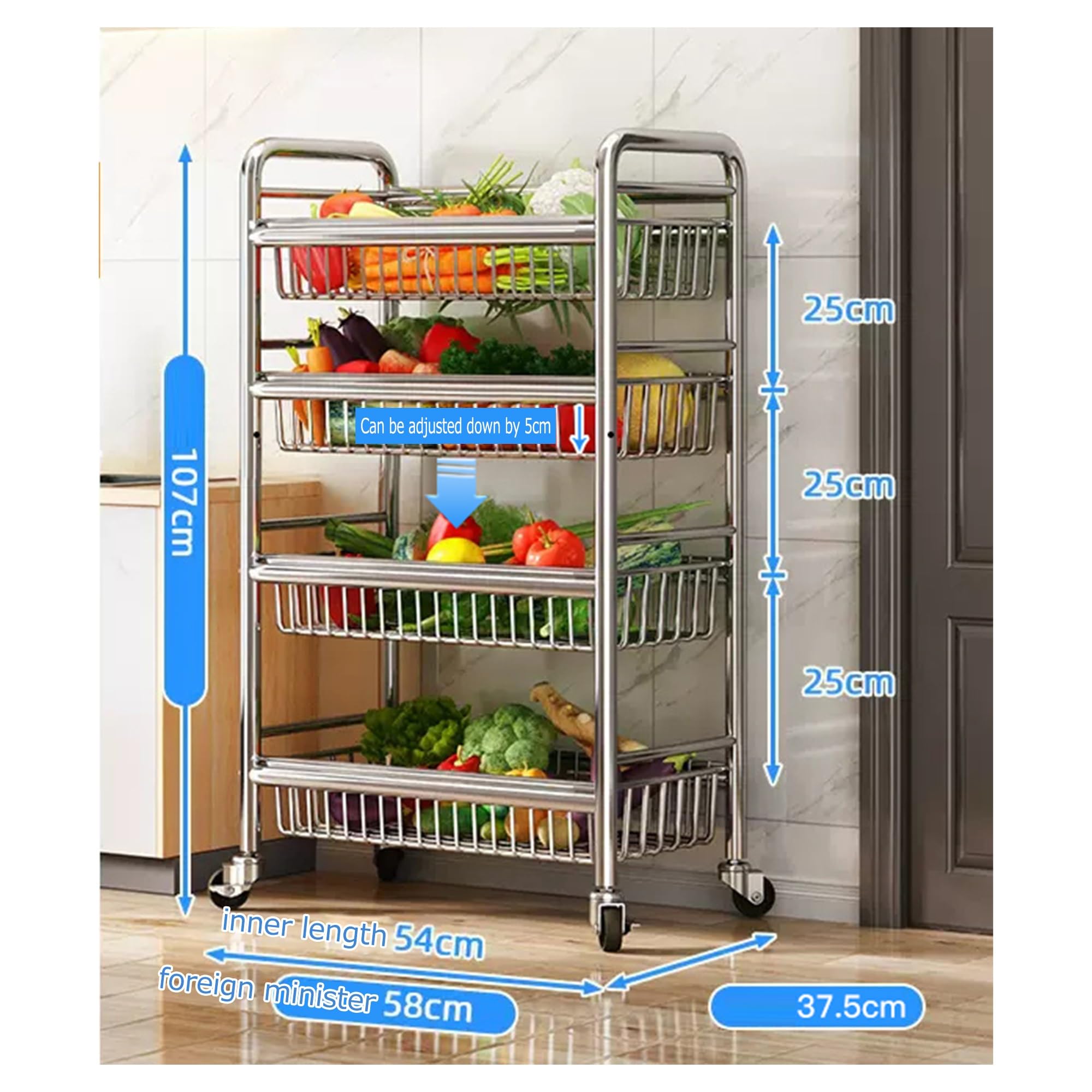 Carrito Carro Cocina de Acero Inoxidable 304 Auxiliar con Ruedas, con almacenamiento de ruedas, cesta de malla, estante de carro de despensa para almacenamiento de frutas, verduras, cebollas y papas (