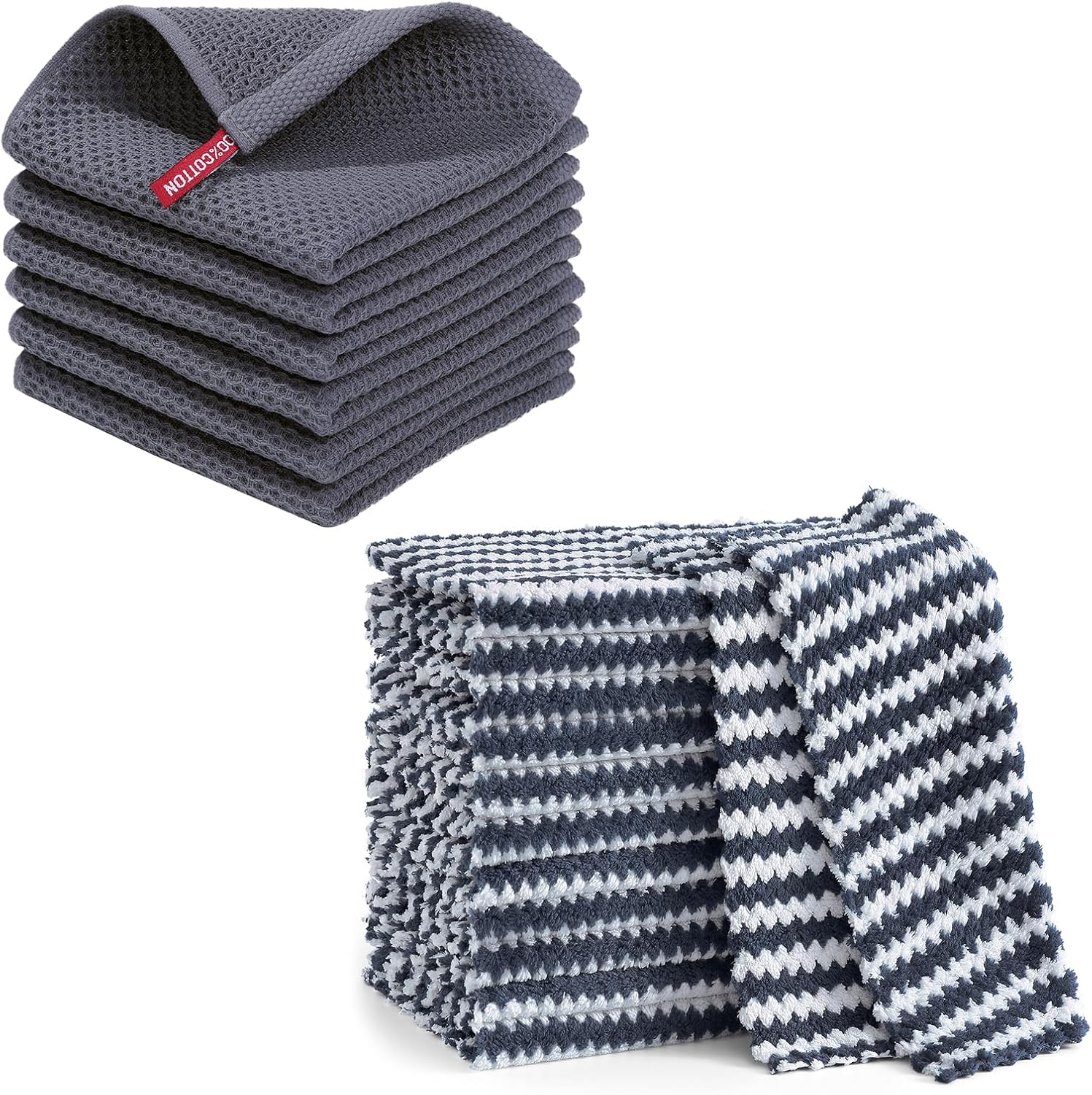 Homaxy 100% Cotton Kitchen Dish Cloths(12x12 Inches, 6 Pack) and Coral Velvet Kitchen Dish Cloths(10 x 10 inch,12 Pack), Reusable Fast Drying Microfiber Cleaning Cloth, Dark Grey