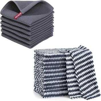 Homaxy 100% Cotton Kitchen Dish Cloths12x12 Inches, 6 Pack and Coral Velvet Kitchen Dish Cloths10 x 10 inch,12 Pack, Reusable Fast Drying Microfiber Cleaning Cloth, Dark Grey