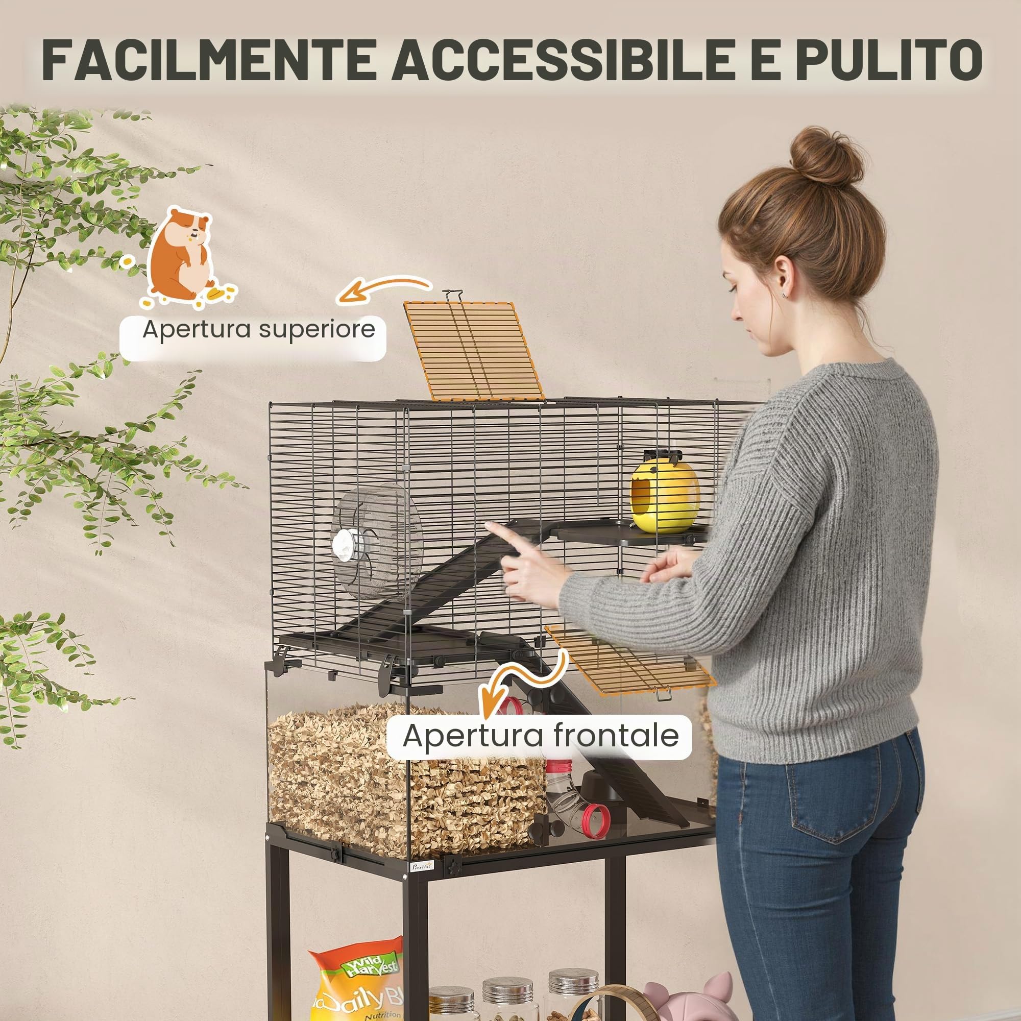 PawHut Gabbia per criceti con vista a 360°, habitat trasparente per criceti con ruote, gabbia per roditori a 3 livelli con sistema di tubi, casetta, rampe, mangiatoia. Gabbia per piccoli animali per