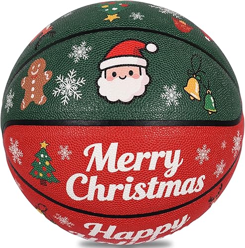 KUYOTQ Baloncesto navideño de 29.5 pulgadas con temática navideña de 29.5 pulgadas, color rojo y verde, para juegos en interiores y exteriores,