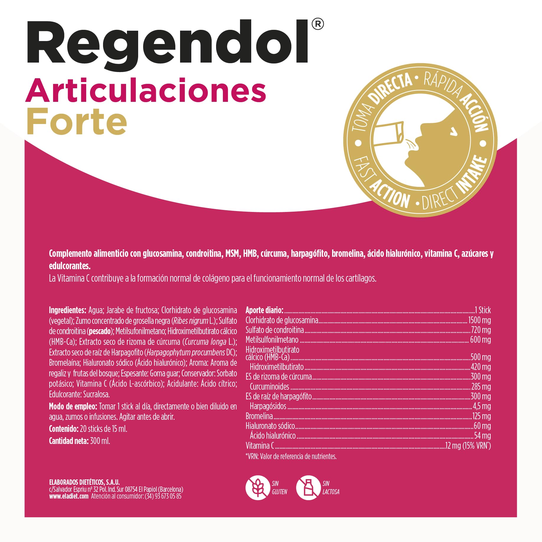 REGENDOL ARTICULACIONES FORTE [Sticks] - Glucosamina, Condroitina y HMB - Huesos, Articulaciónes y Musculos - Con Vitamina C, MSM, Acido Hialuronico, Curcuma y Harpagofito | ELADIET