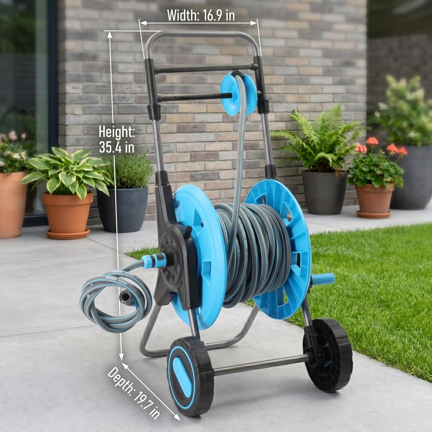 Garden Hose Reel Cart with Wheels, Heavy Duty Water Hose Storage Mobile Reel with Handle and 1.9M Leader Hose, Portable Rolling Hose Organizers for Outdoor Yard Lawn, Gray and Blue