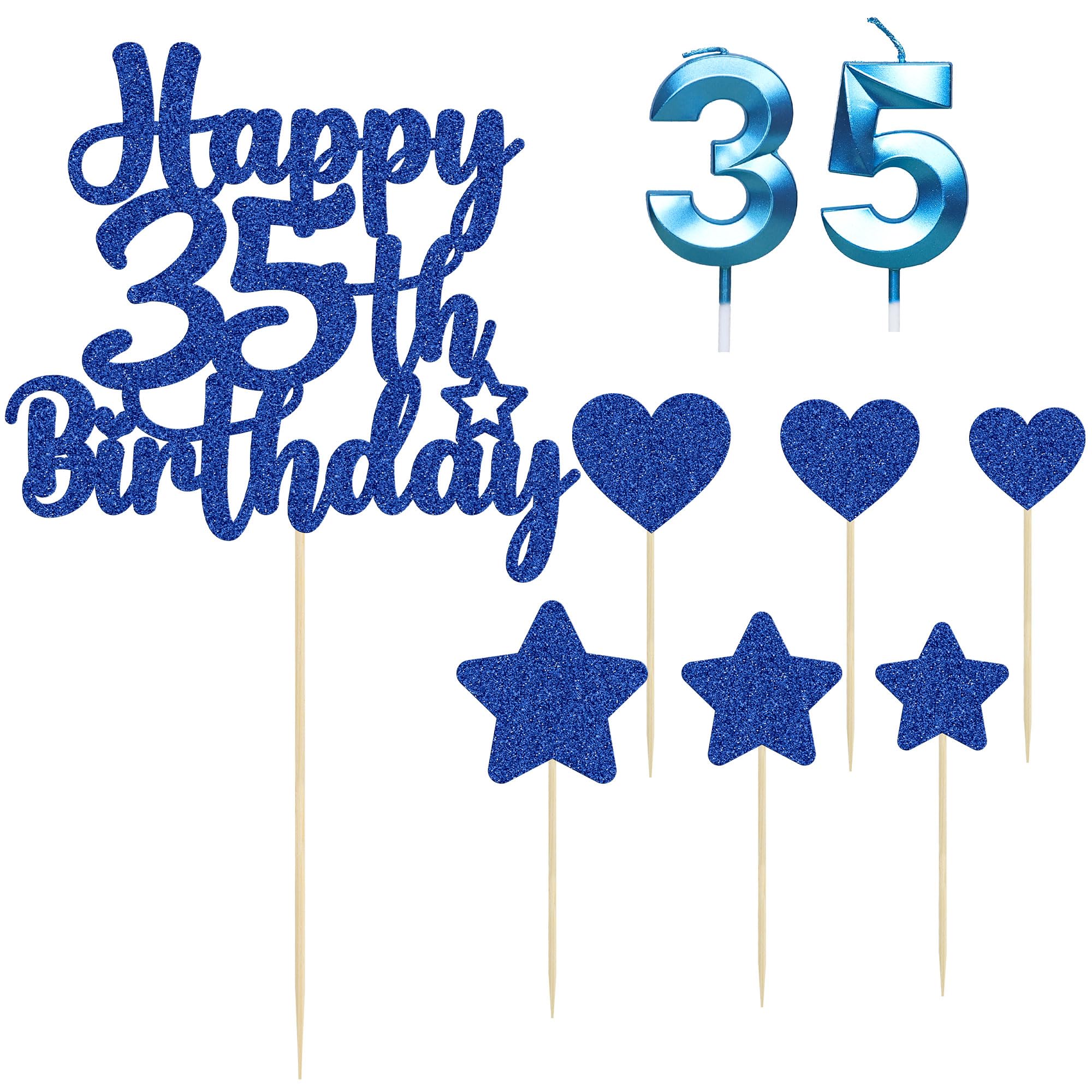 Gyufise 15Pcs Happy 35th Birthday Cake Topper Set with Heart Star Glitter Cheers to 35 Years Cake Picks Number 35 Candles Cake Decorations for Happy 35th Birthday Anniversary Party Supplies Blue - Image 3
