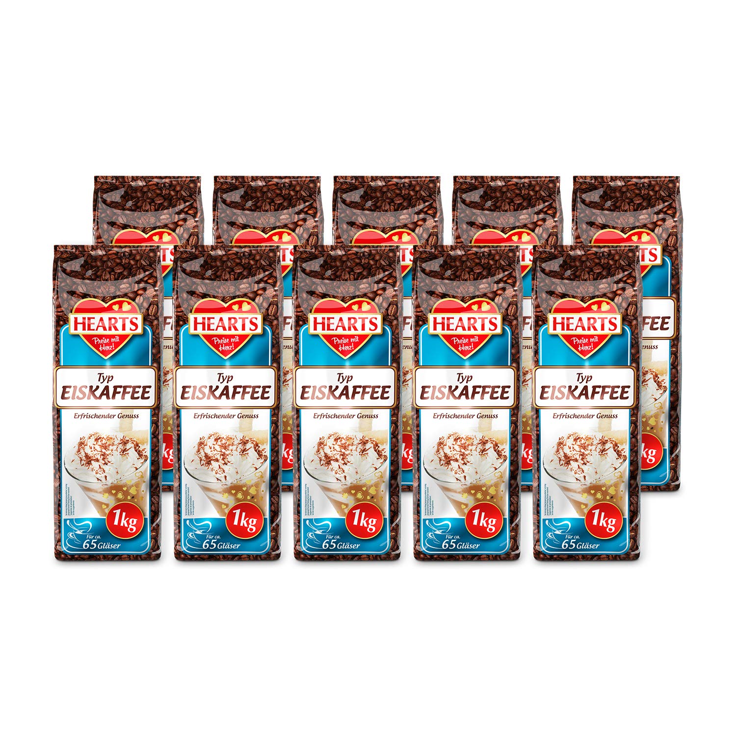 HEARTS kawa lodowa 10 x 1 kg, 65 filiżanek w woreczku, opakowanie ekonomiczne, kawa z lodem, orzeźwiająca przyjemność, letnie napoje, kawa Instant Kaffe, zawartość kofeiny, zimny napój, rozpuszczalna kawa ziarnista