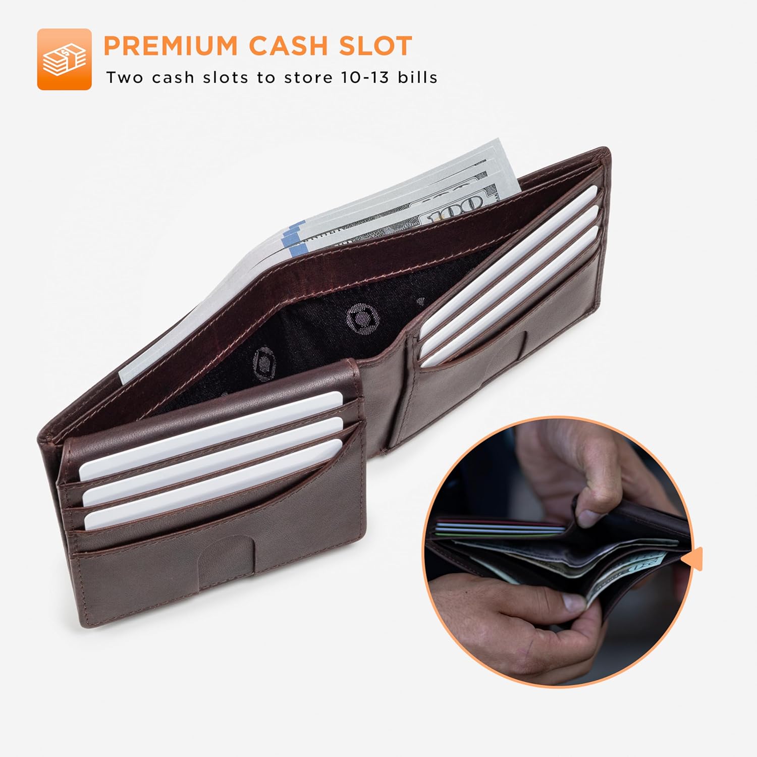 SERMAN BRANDS Full Grain Leather Wallet for Men | RFID Blocking | Extra Capacity Bifold Wallet with ID Windows | Ultra Strong Stitching | Slim Billfold with 13 Card Slots | Gift for Him - Image 6