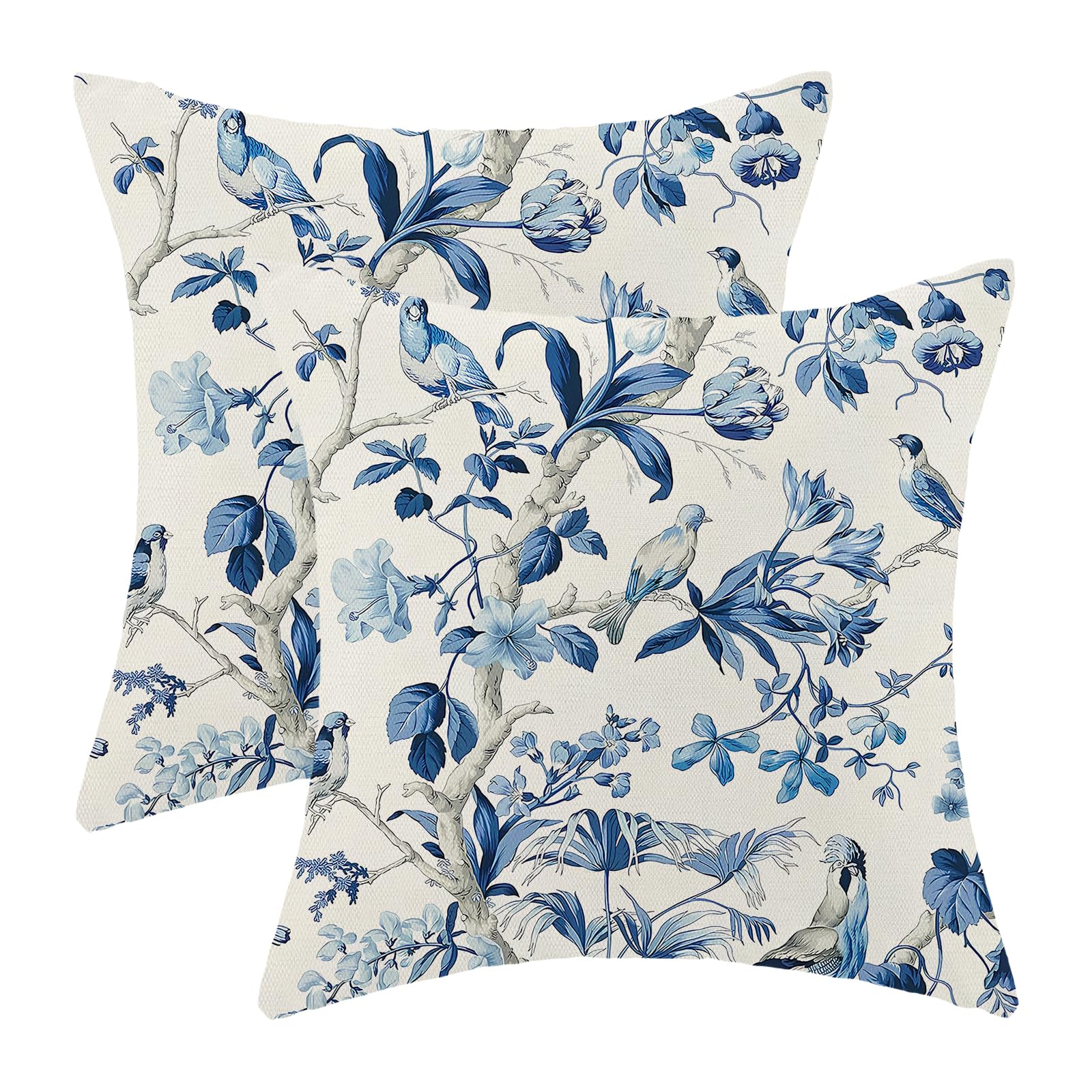 CXMEIFLY Navy Blue Spring Floral Pillow Covers 18 x 18 Inch Set of 2 for Chinoiserie Flowers Bird Decor Throw Pillows Vintage Plant Outdoor Decorative