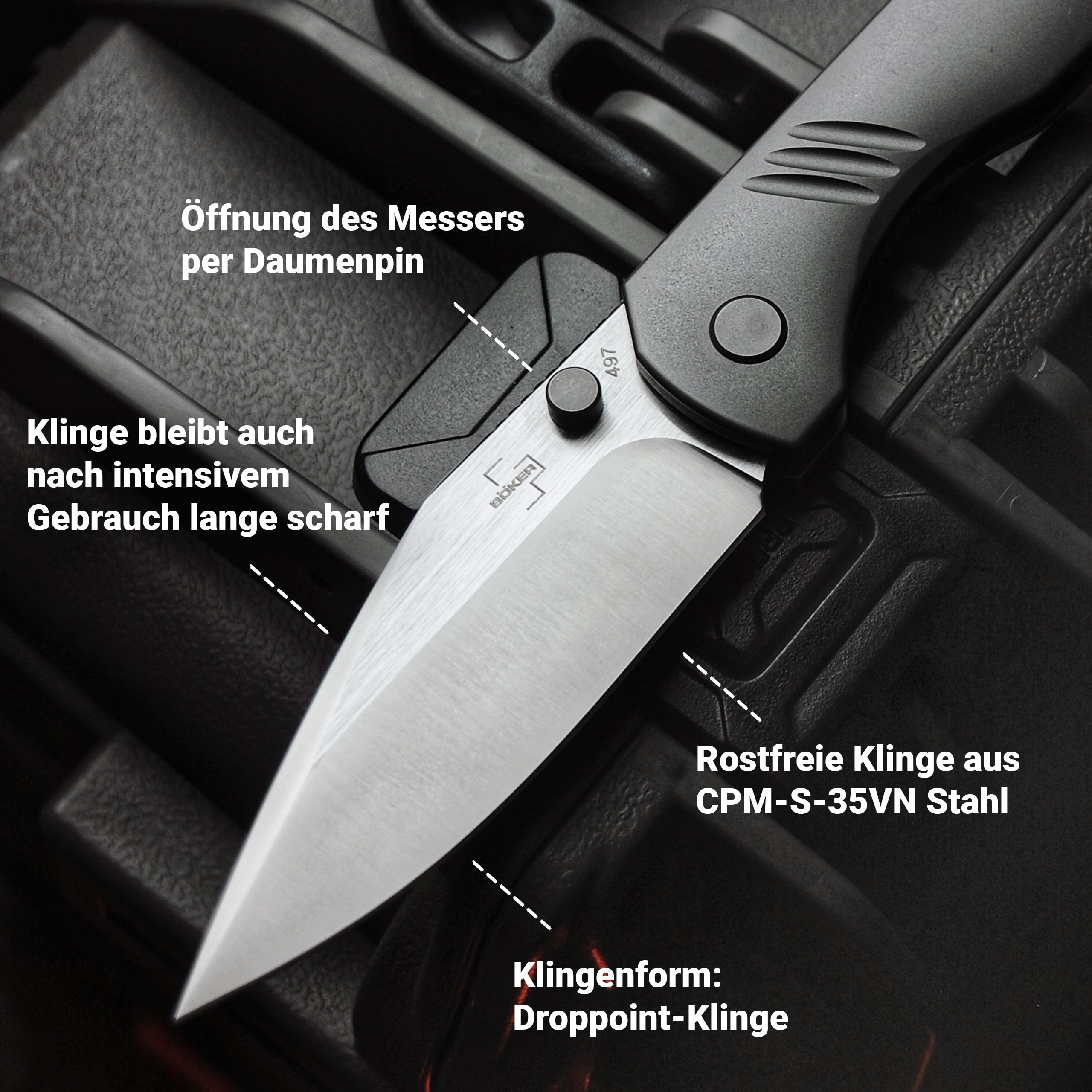 BÖKER PLUS Max Taschenmesser - Klinge aus CPM-S-35VN Stahl - Schwarzes EDC Messer mit TC4 Titan Griff - 1 Hand Messer mit Clip