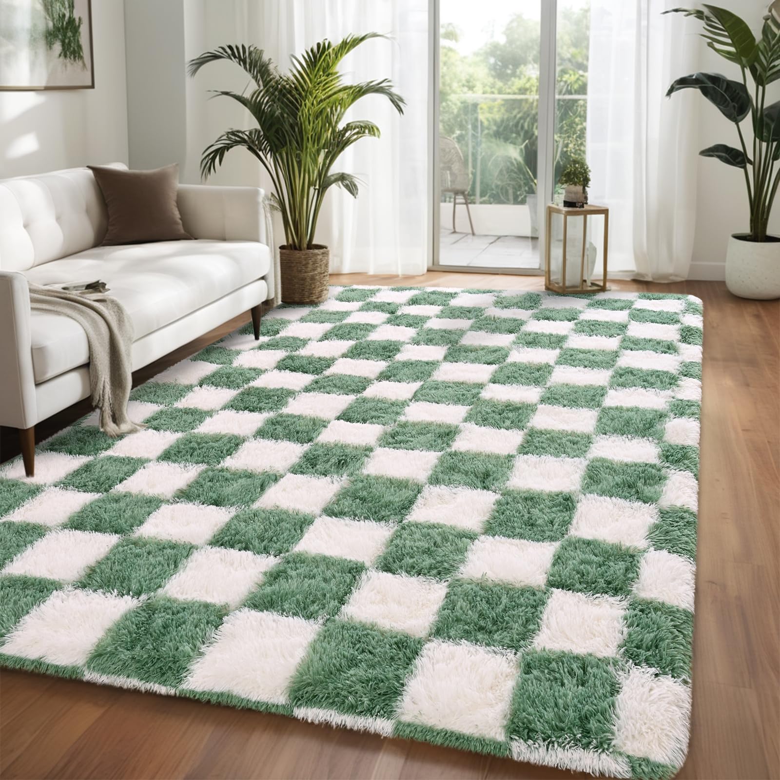 Larhom Nuttumico 5x7 Feet Sage Green White Checkered Rug, Fluffy Plaid Area Rug for Bedroom Living Room, Cute Plush Fluffy Rugs for Girls Room,