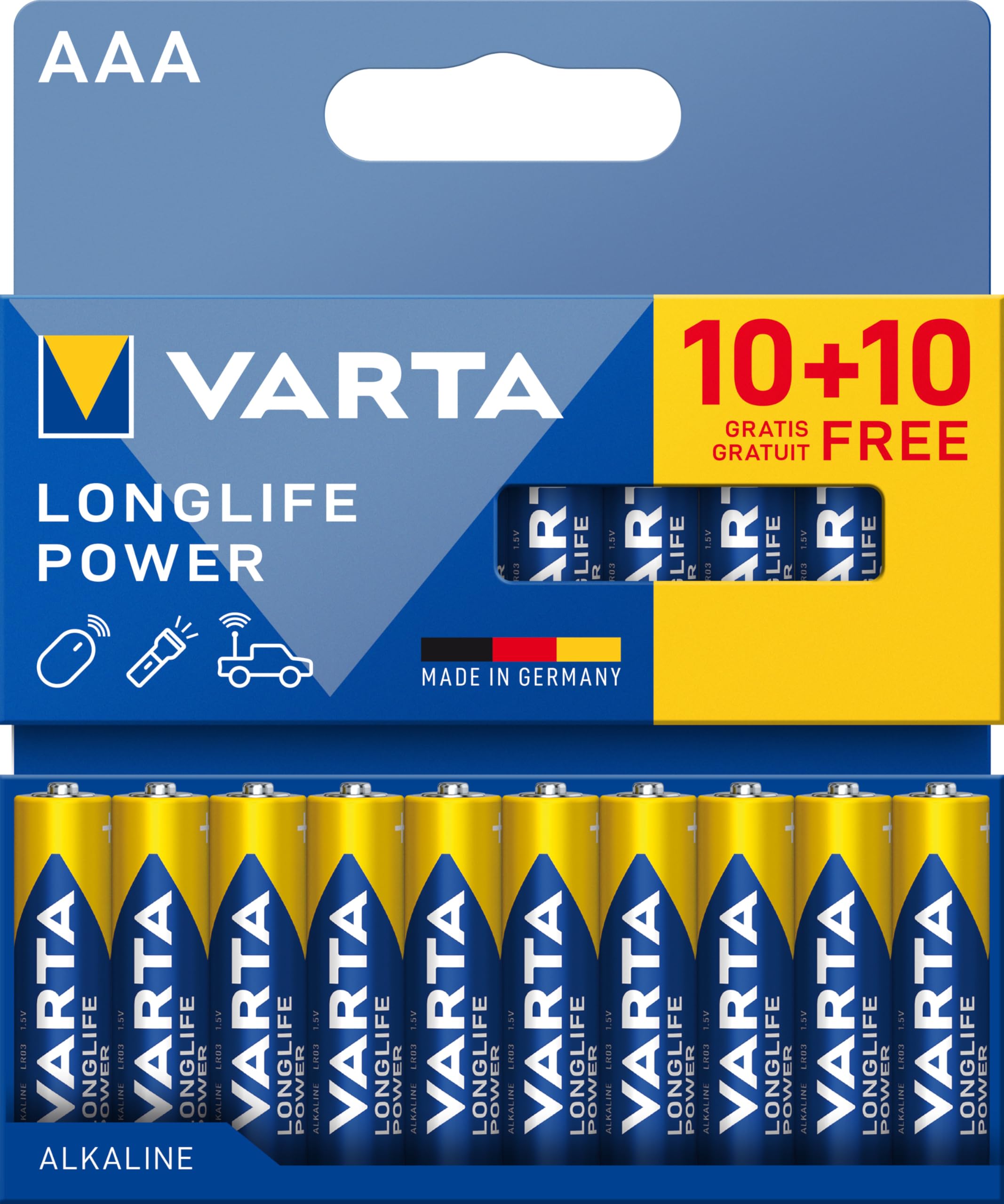 VARTA Batterien AAA, 20er Pack (10+10), Longlife Power - Alkaline Mignon Batterien LR603 mit 1,5 V - Made in Germany - für energieintensive Geräte
