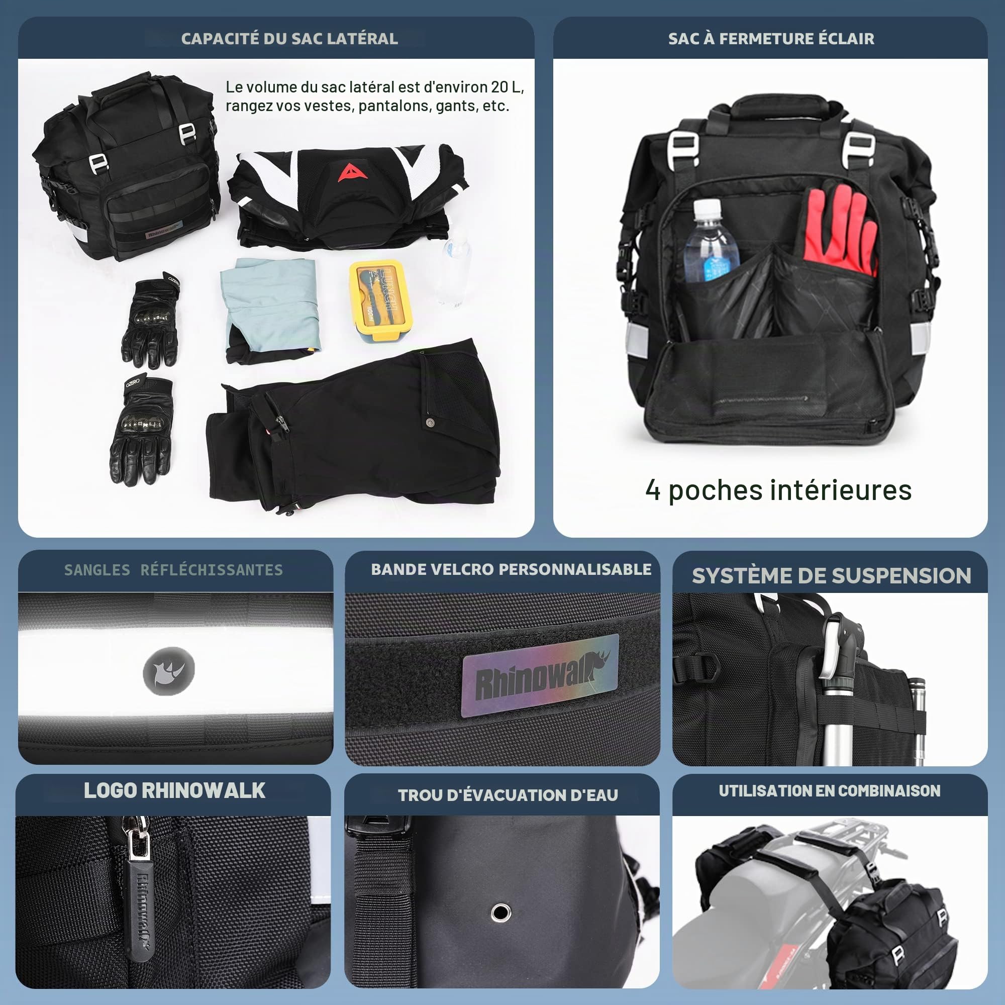 Rhinowalk Sac de Selle de Moto étanche 20 l - Sac de Selle latéral à dégagement Rapide - Accessoire de Moto