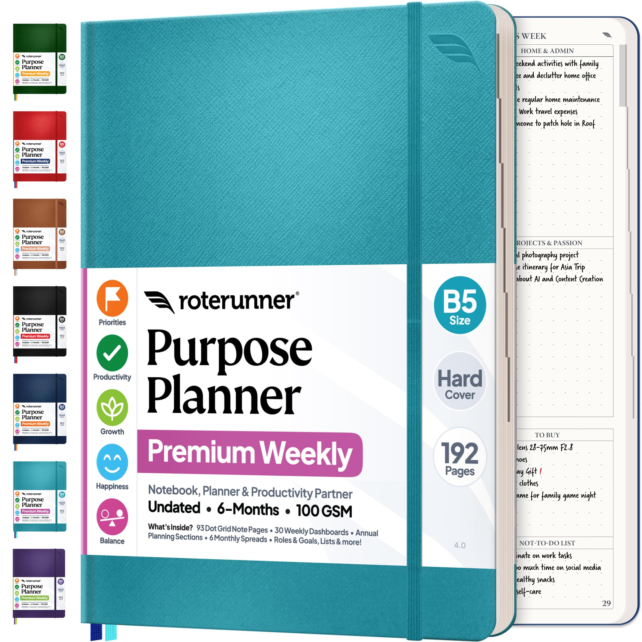 Purpose Planner Notebook B5 Hardcover 7.5”x9.8”- Teal Undated Daily, Weekly, and Monthly 2026 - Productivity & Goal Setting Tool for Work, Home, and