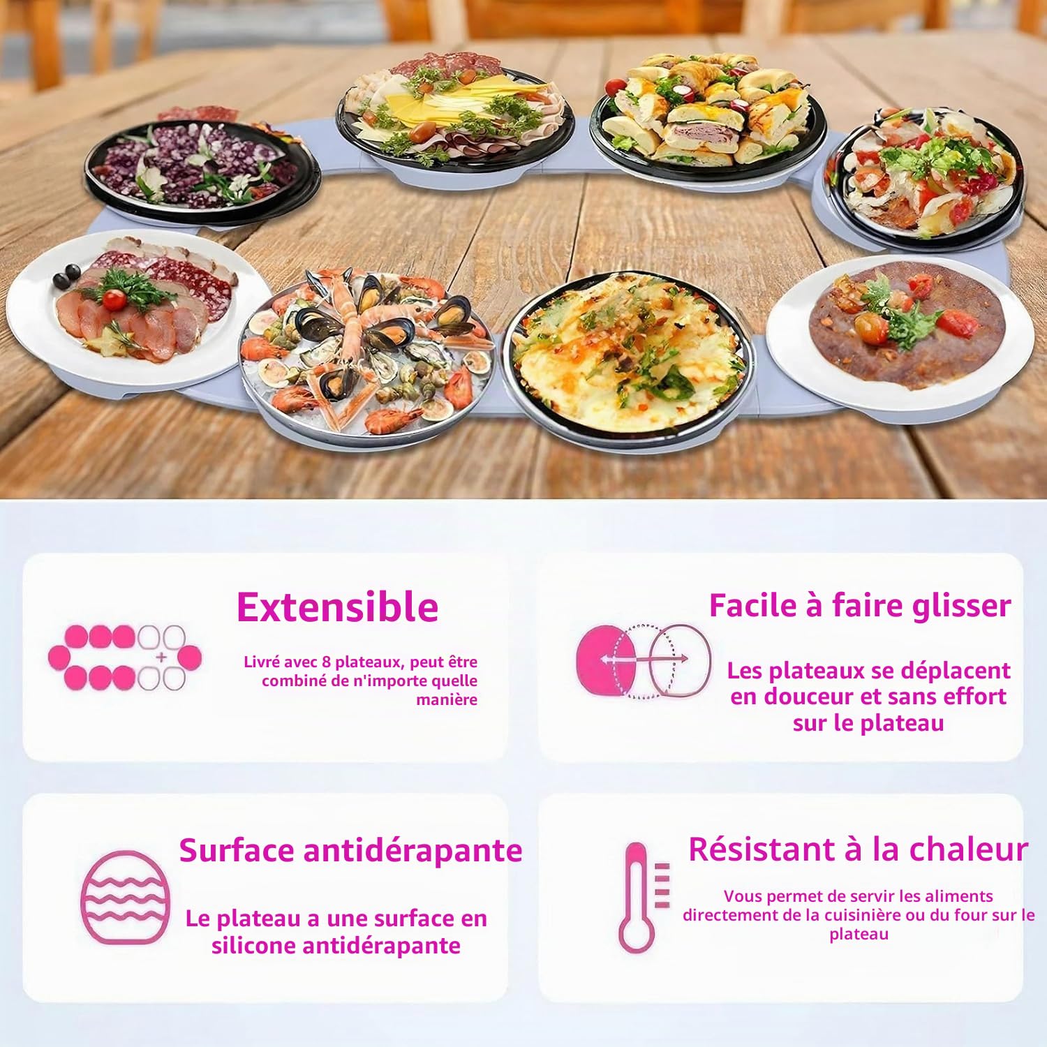 Plateau de Service Rotatif, Tables de Salle à Manger, Lazy Susan, Vaisselle Extensible, Organisateur de Table Rectangulaire Oblongue