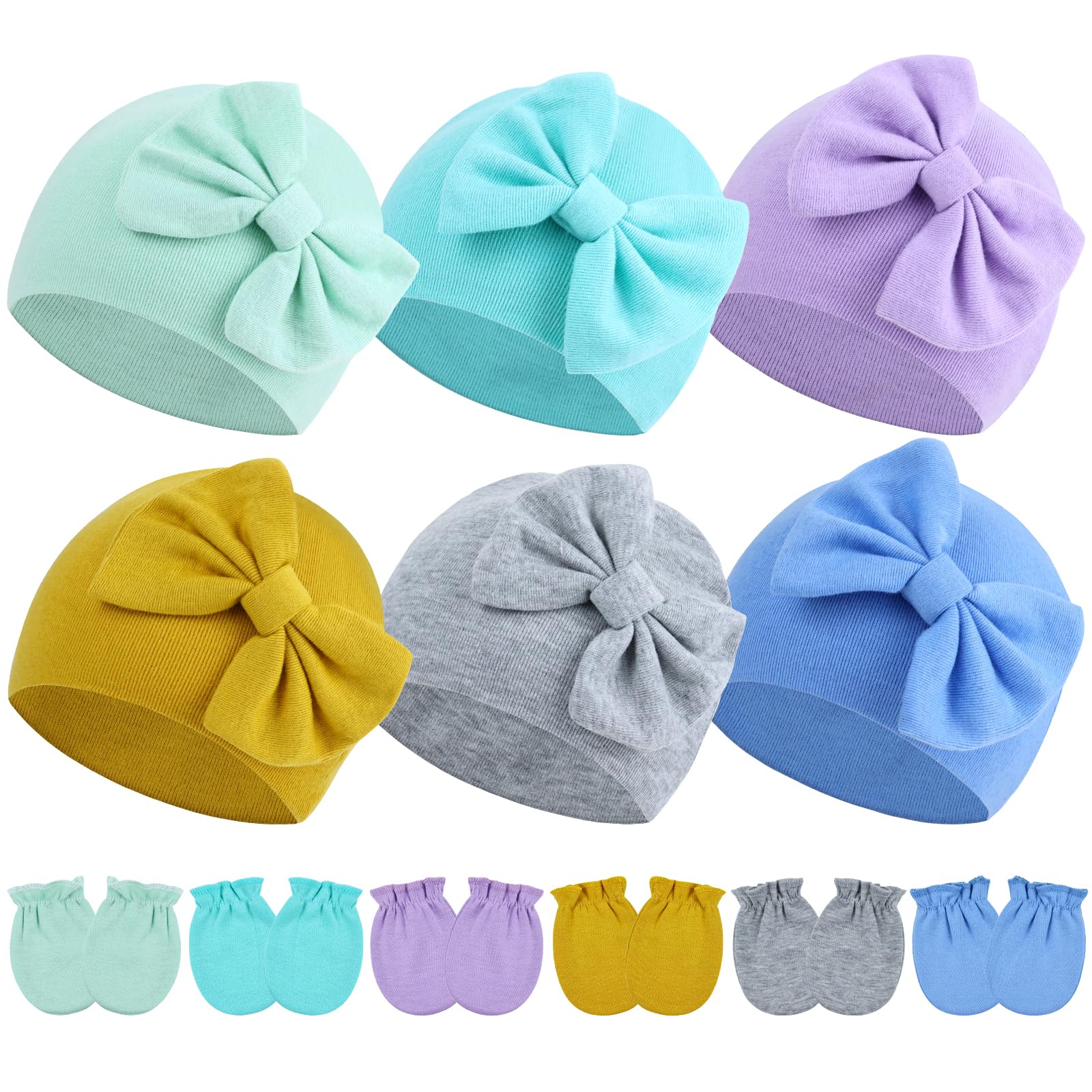 Cinaci 6 Sets Stretchy Soft Cotton Bow Turban Hats and No Scratch Mittens Nursery Hospital Caps Bonnets Beanies Gloves Set for 0-6 Months Baby Girls Newborns Infants