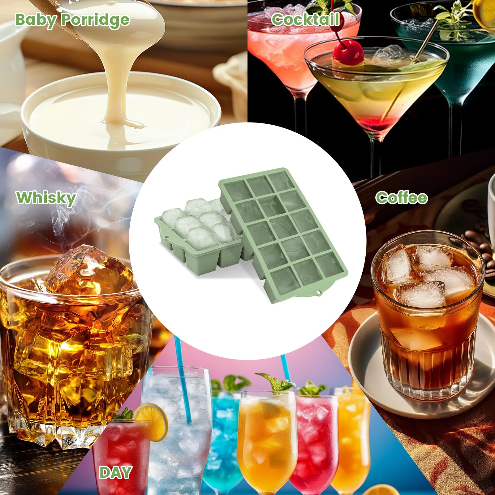 Cubiteras para Hielo con Tapa, Cubitera Hielo Grande Silicona Hielera sin BPA, Apilables Cubitos de Hielo para Cócteles, Whisky, Vino, Puré de Frutas (Verde, 2 Piezas)